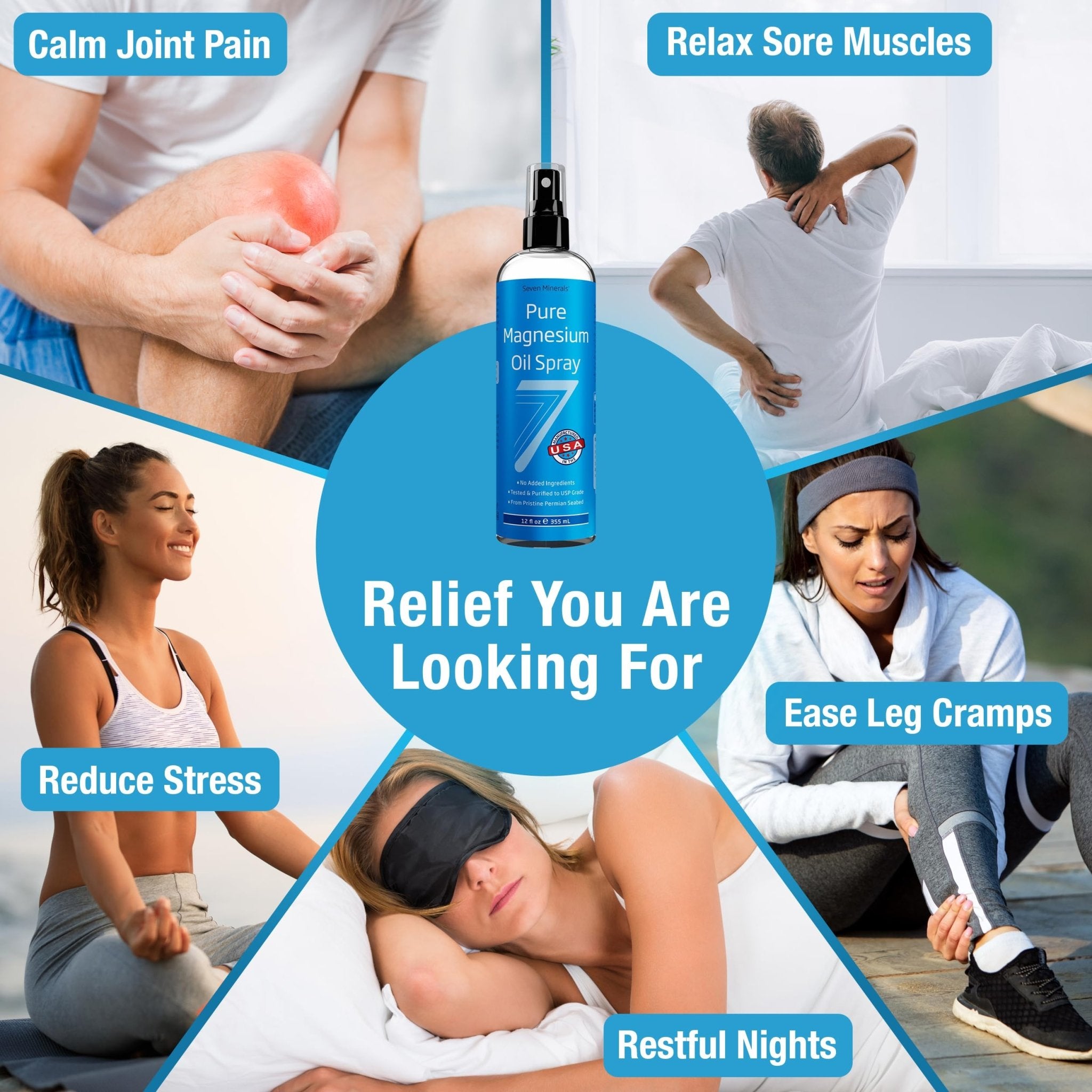 Seven Minerals Pure Magnesium Oil Spray, Big 12oz, USP Grade, Extra Strength, for Feet, Sleep, Muscle Pain & Cramps - Mined in The USA - TrustMedUSA