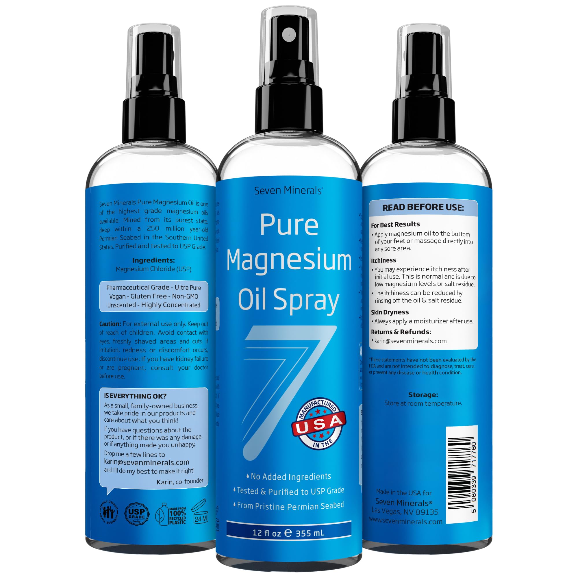 Seven Minerals Pure Magnesium Oil Spray, Big 12oz, USP Grade, Extra Strength, for Feet, Sleep, Muscle Pain & Cramps - Mined in The USA - TrustMedUSA