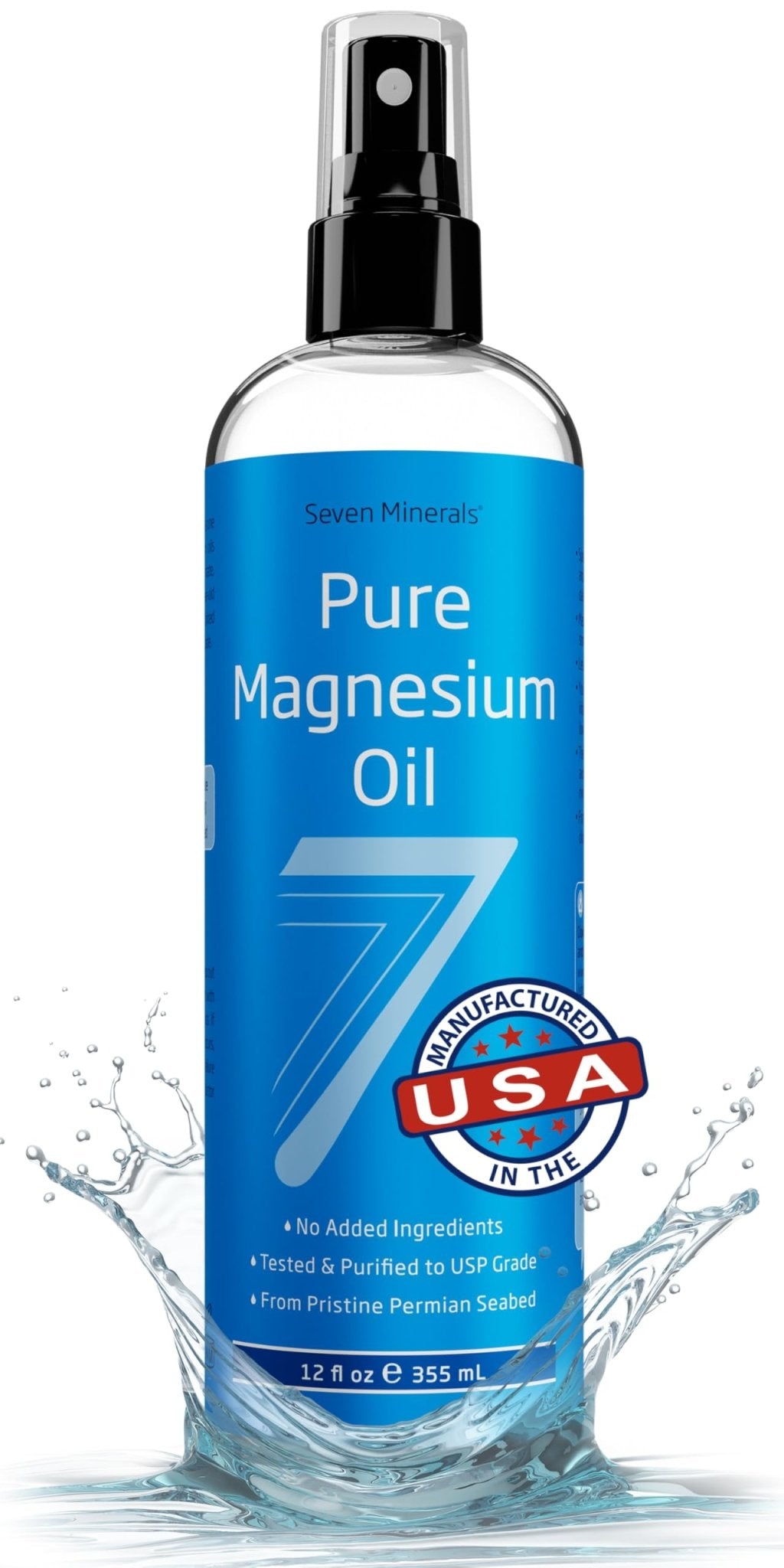 Seven Minerals Pure Magnesium Oil Spray, Big 12oz, USP Grade, Extra Strength, for Feet, Sleep, Muscle Pain & Cramps - Mined in The USA - TrustMedUSA