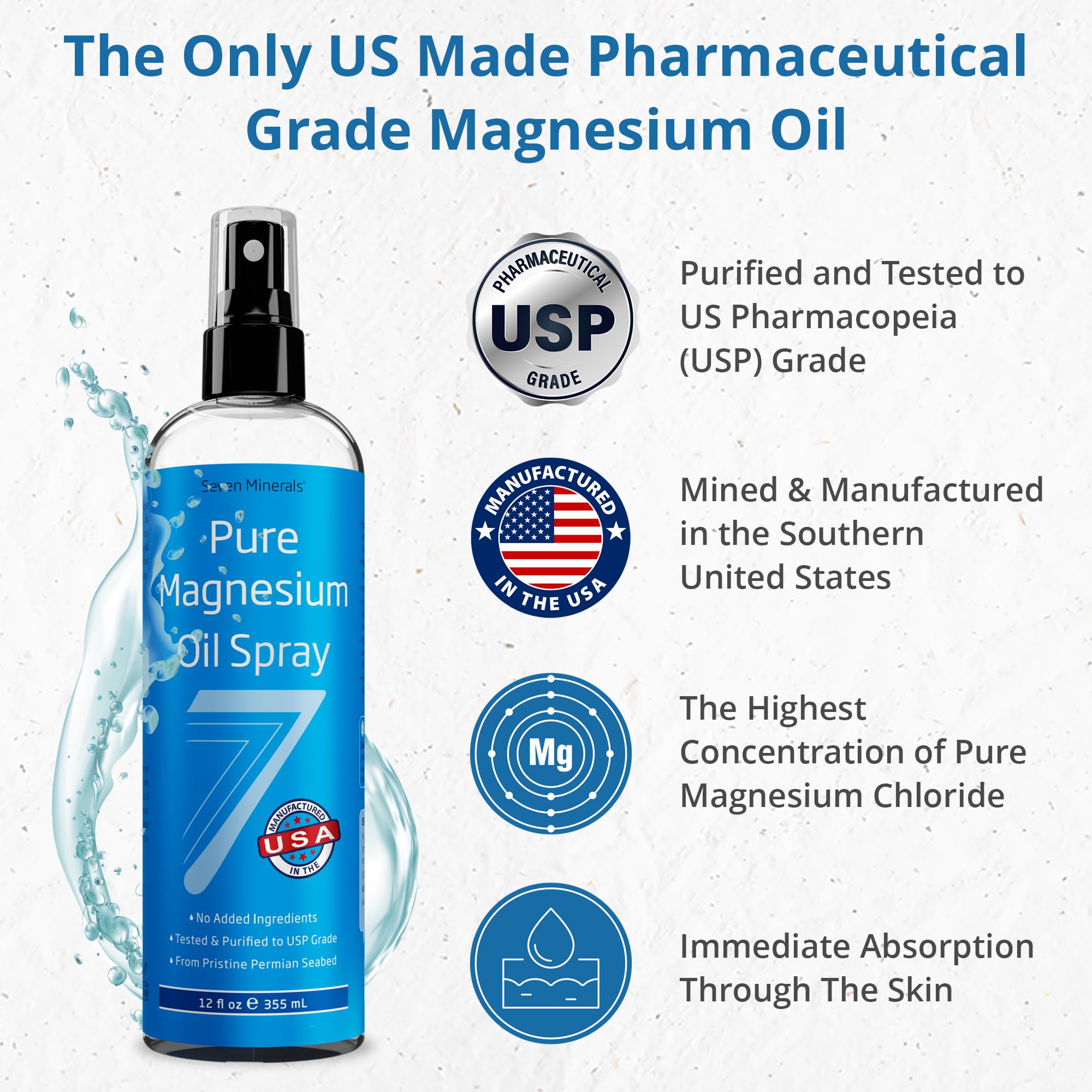 Seven Minerals Pure Magnesium Oil Spray, Big 12oz, USP Grade, Extra Strength, for Feet, Sleep, Muscle Pain & Cramps - Mined in The USA - TrustMedUSA