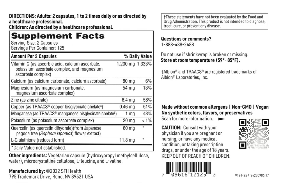 SFI Health Klaire Labs Buffered Vitamin C Capsules with Quercetin Bioflavonoids & L-Glutathione to Support Immune Function & Antioxidant Protection - Hypoallergenic & Gentle on Stomach (250 Capsules) - TrustMedUSA