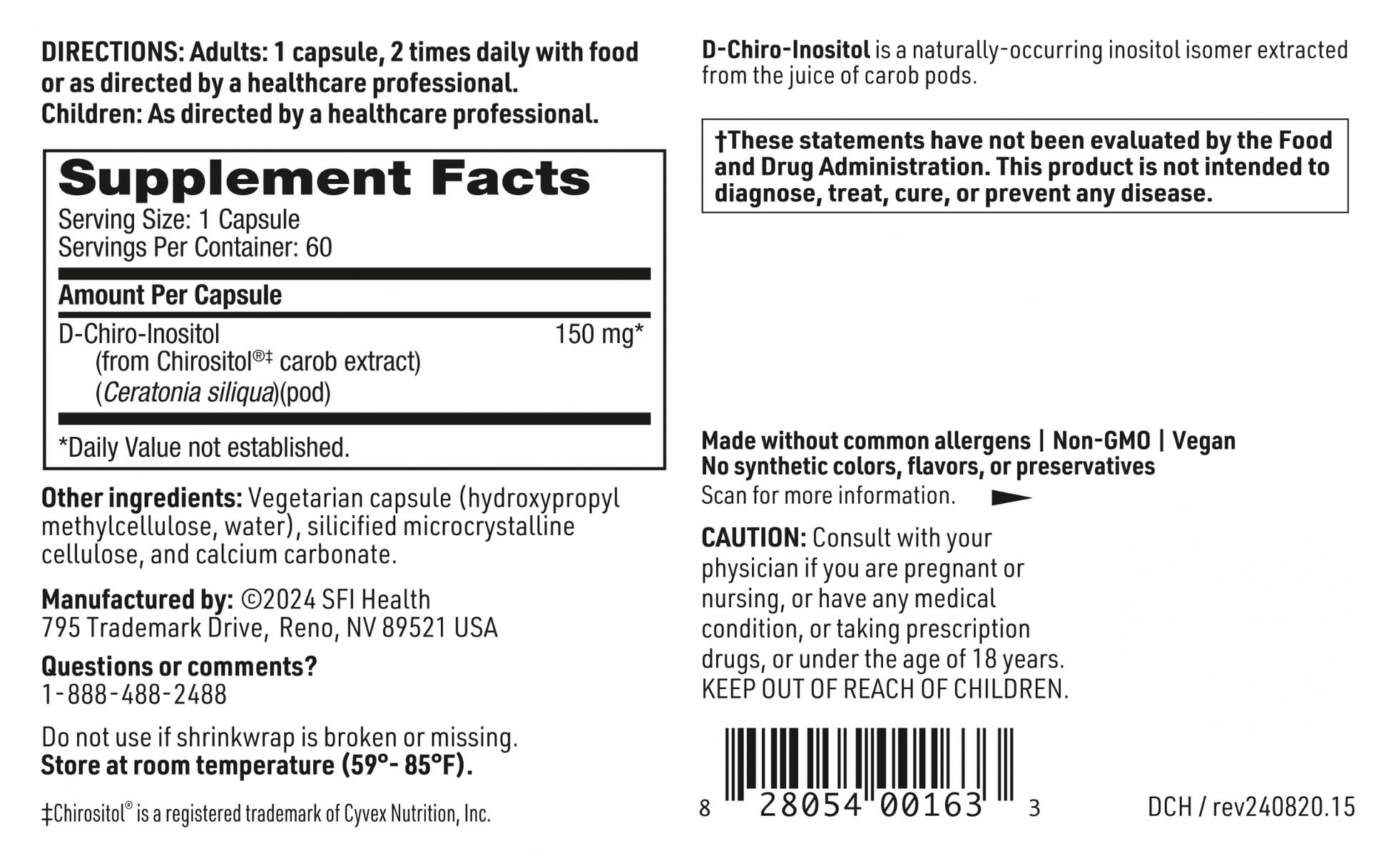 SFI Health Klaire Labs D-Chiro-Inositol - 150 Milligrams Hypoallergenic Supplement (60 Capsules) - TrustMedUSA