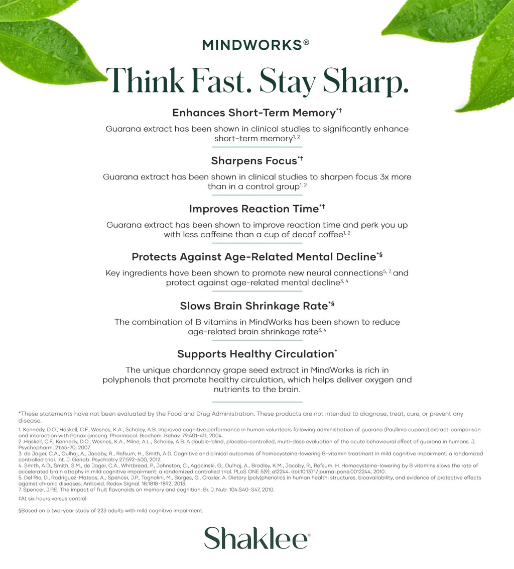 Shaklee MindWorks® - Brain Health Supplement for Brain Sharpness & Focus - Supported Nutrients & Extracts - Chardonnay Grape Seed Polyphenols, Guarana Extract, Vitamins B6, B12, Folate - 30 Tablets - TrustMedUSA