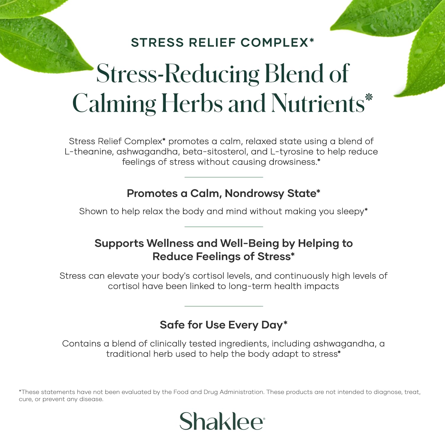 Shaklee - Stress Relief Complex - Calming Blend of L-theanine, Ashwagandha, Beta-sitosterol, and L-tyrosine - Promotes Relaxation without Drowsiness - 1 Caplet Daily - Adults Supplement - 30 Caplets - TrustMedUSA