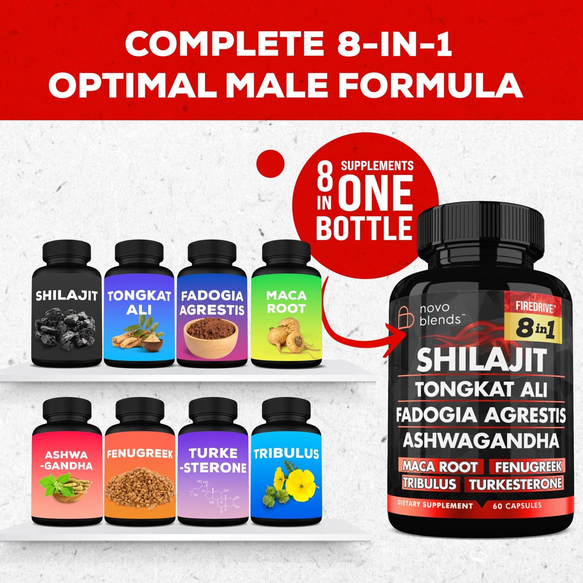 Shilajit 3000mg Tongkat Ali 15,000mg Fadogia Agrestis 1000mg Maca Root 2000mg Ashwagandha 4000mg Fenugreek 1500mg Tribulus Terrestris 500mg Turkesterone 500mg, 8-in-1 Supplement Blend for Men - TrustMedUSA