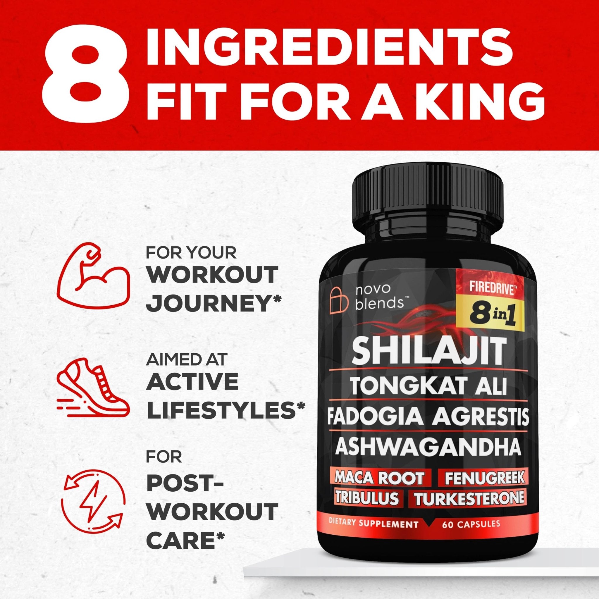 Shilajit 3000mg Tongkat Ali 15,000mg Fadogia Agrestis 1000mg Maca Root 2000mg Ashwagandha 4000mg Fenugreek 1500mg Tribulus Terrestris 500mg Turkesterone 500mg, 8-in-1 Supplement Blend for Men - TrustMedUSA