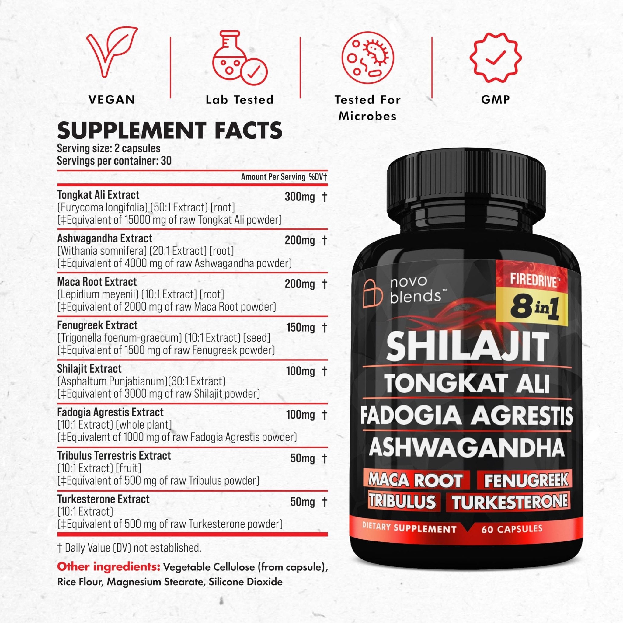 Shilajit 3000mg Tongkat Ali 15,000mg Fadogia Agrestis 1000mg Maca Root 2000mg Ashwagandha 4000mg Fenugreek 1500mg Tribulus Terrestris 500mg Turkesterone 500mg, 8-in-1 Supplement Blend for Men - TrustMedUSA
