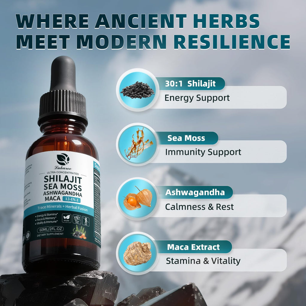 Shilajit Liquid Drops, 12-in-1 Complex - Sea Moss, Ashwagandha, Maca, Fulvic Acid, Trace Minerals, Liquid Vitamins Supplement for Men and Women, Energy, Antioxidant, Immune Support, 60ML/2 FL Oz - TrustMedUSA