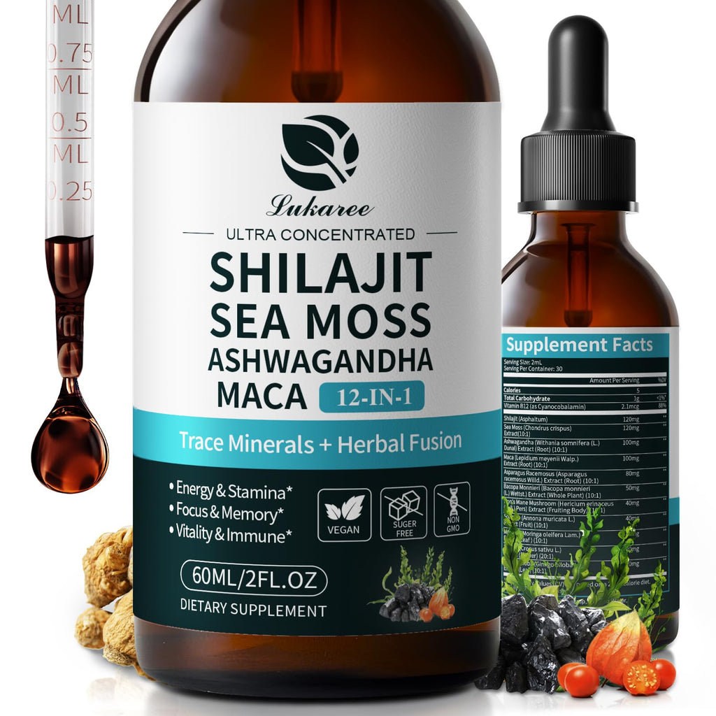 Shilajit Liquid Drops, 12-in-1 Complex - Sea Moss, Ashwagandha, Maca, Fulvic Acid, Trace Minerals, Liquid Vitamins Supplement for Men and Women, Energy, Antioxidant, Immune Support, 60ML/2 FL Oz - TrustMedUSA