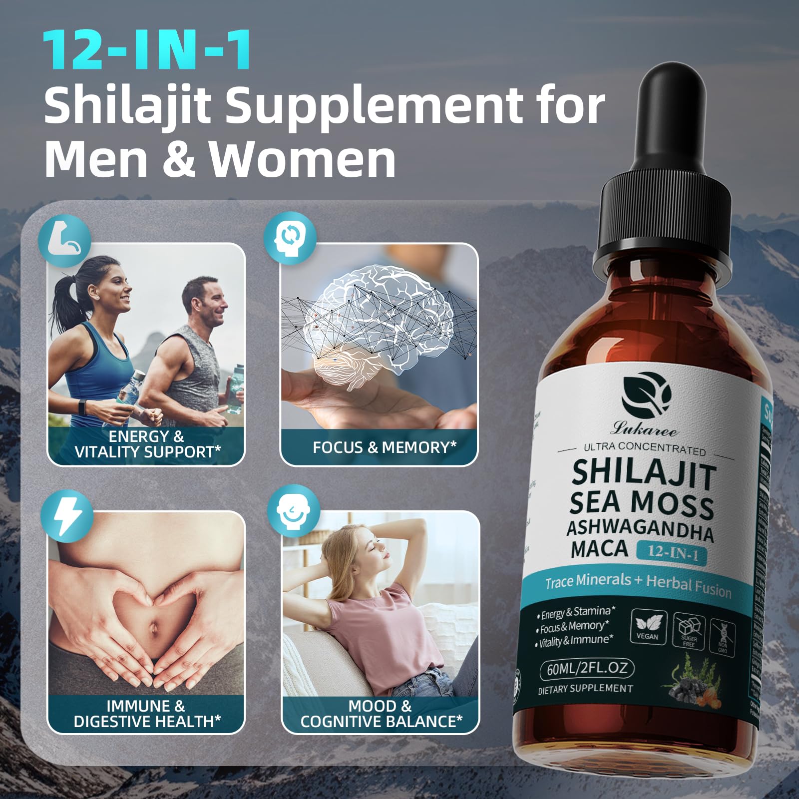 Shilajit Liquid Drops, 12-in-1 Complex - Sea Moss, Ashwagandha, Maca, Fulvic Acid, Trace Minerals, Liquid Vitamins Supplement for Men and Women, Energy, Antioxidant, Immune Support, 60ML/2 FL Oz - TrustMedUSA