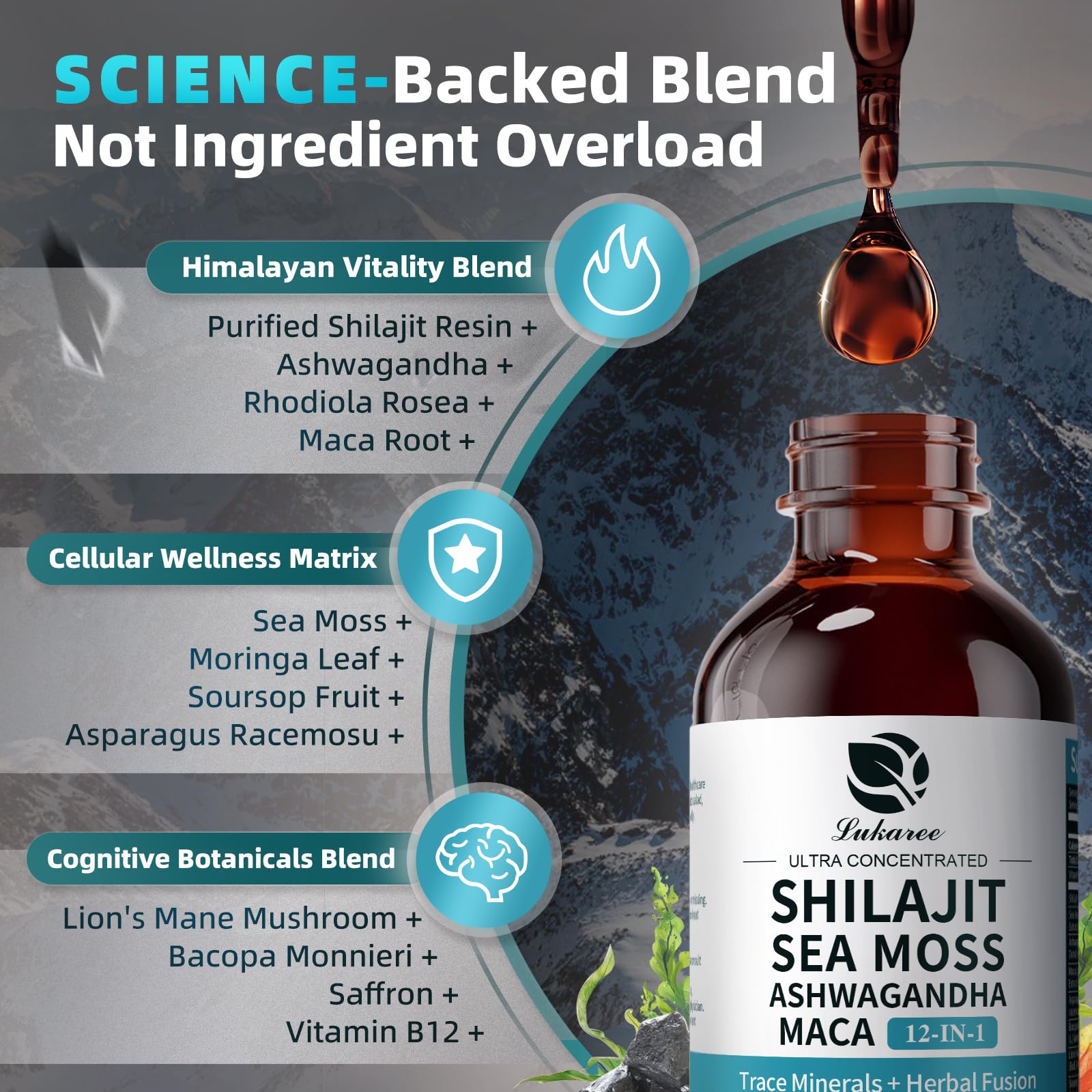 Shilajit Liquid Drops, 12-in-1 Complex - Sea Moss, Ashwagandha, Maca, Fulvic Acid, Trace Minerals, Liquid Vitamins Supplement for Men and Women, Energy, Antioxidant, Immune Support, 60ML/2 FL Oz - TrustMedUSA