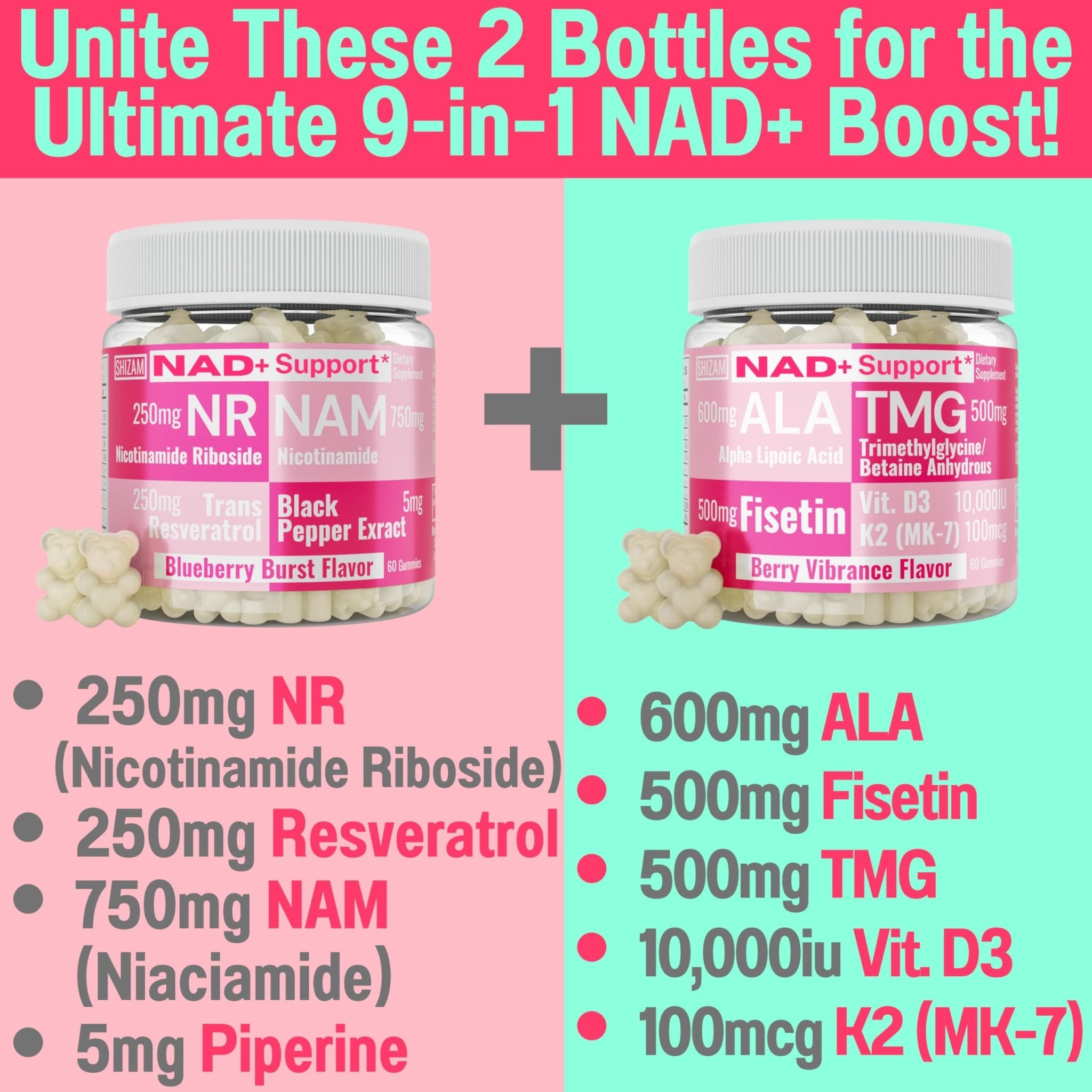 SHIZAM TMG Betaine Alpha Lipoic Acid ALA D3 Fisetin Gummies, Tri-Methylglycine trimethylglycine R-Alpha NAD+ Plus + HCL Supplements, Mitochondrial Senolytic Activator, NR Capsules Powder 600mg 1000mg - TrustMedUSA