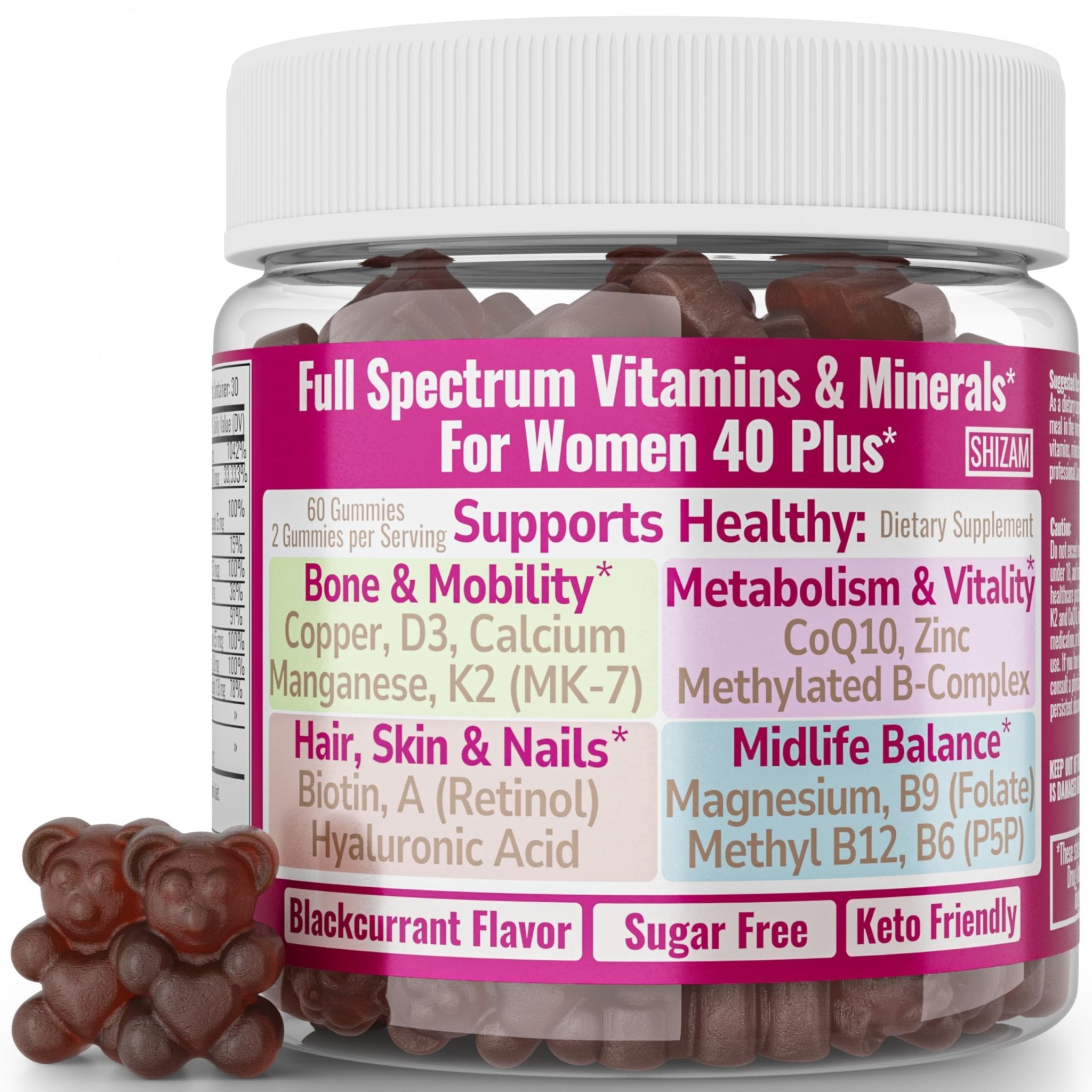 SHIZAM Vitamin D3 K2 MK-7 Gummies with Magnesium, Folate (5-MTHF), Methylfolate, CoQ10, B6 P5P & Methylated B-Complex for Women 40+ - TrustMedUSA