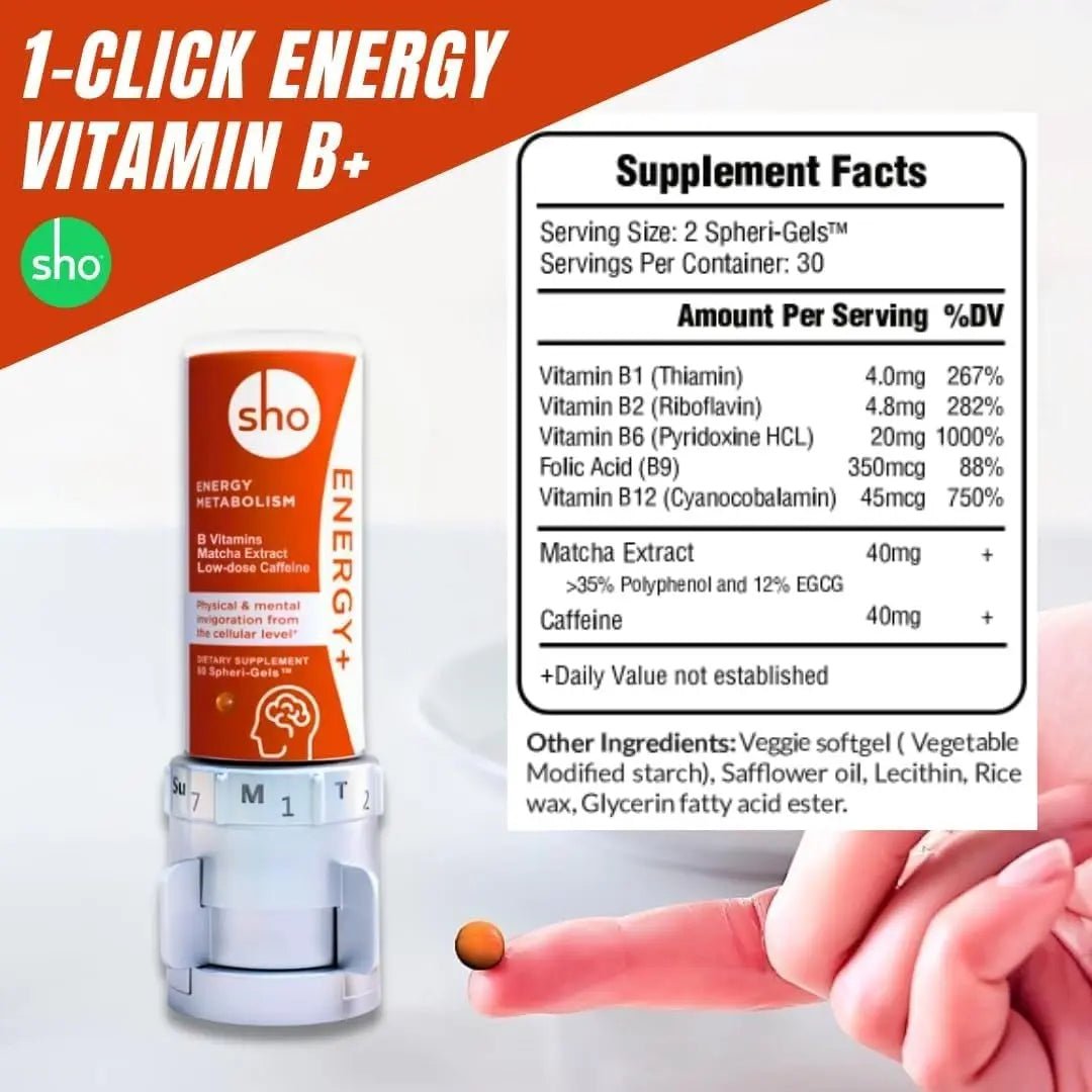 SHO Vegan Energy+ Focus Supplement Kit- Matcha Green Tea Extract, Methylated B Complex, Vitamin B and Caffeine Natural Energy Booster Without Crash, Jitters for Men and Women - 60 Pills Refill Bottle - TrustMedUSA