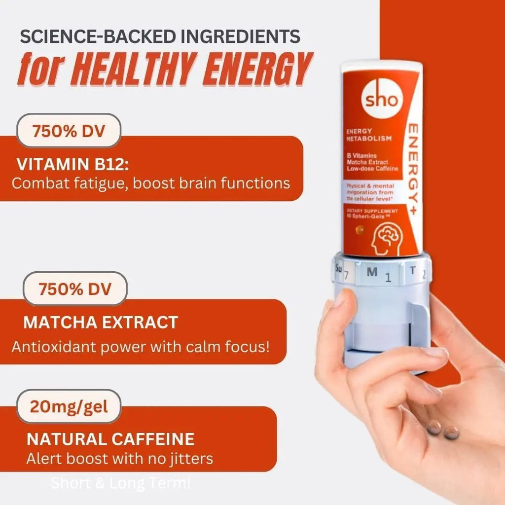 SHO Vegan Energy+ Focus Supplement Kit- Matcha Green Tea Extract, Methylated B Complex, Vitamin B and Caffeine Natural Energy Booster Without Crash, Jitters for Men and Women - 60 Pills Refill Bottle - TrustMedUSA
