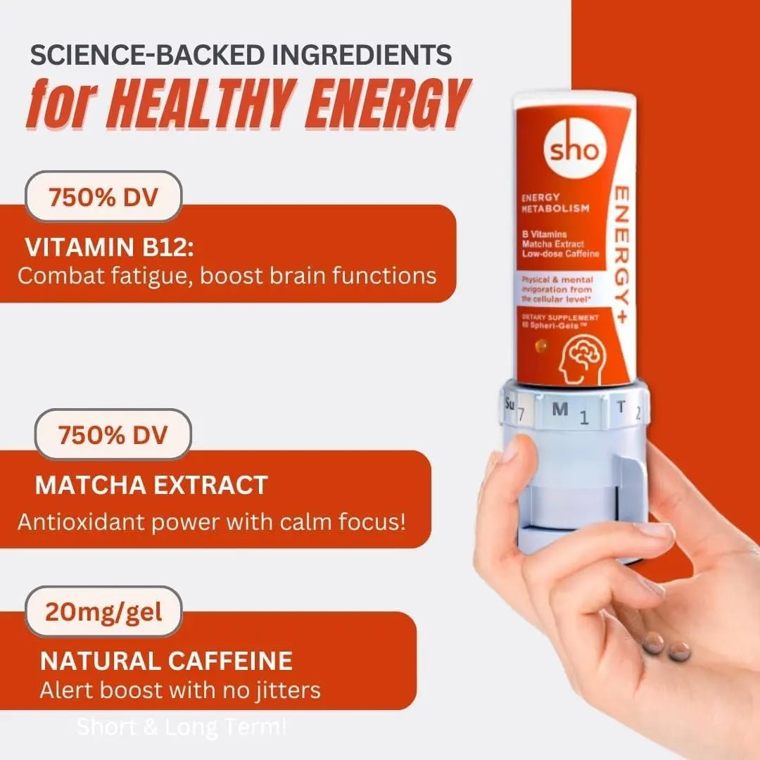 SHO Vegan Energy+ Focus Supplement Kit- Matcha Green Tea Extract, Methylated B Complex, Vitamin B and Caffeine Natural Energy Booster Without Crash, Jitters for Men and Women - 60 Pills Refill Bottle - TrustMedUSA