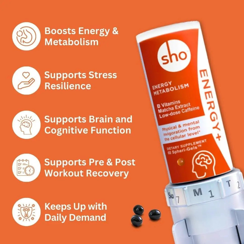SHO Vegan Energy+ Focus Supplement Kit- Matcha Green Tea Extract, Methylated B Complex, Vitamin B and Caffeine Natural Energy Booster Without Crash, Jitters for Men and Women - 60 Pills Refill Bottle - TrustMedUSA