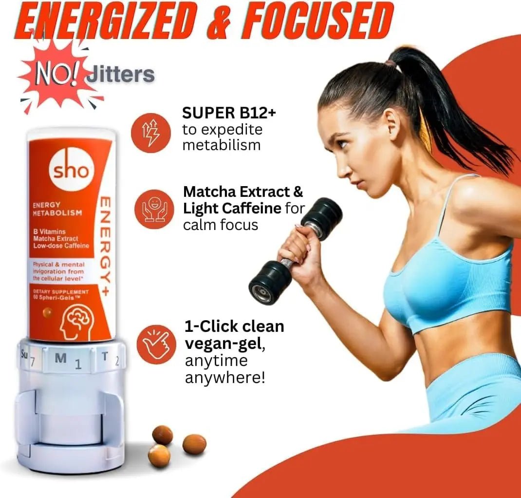 SHO Vegan Energy+ Focus Supplement Kit- Matcha Green Tea Extract, Methylated B Complex, Vitamin B and Caffeine Natural Energy Booster Without Crash, Jitters for Men and Women - 60 Pills Refill Bottle - TrustMedUSA