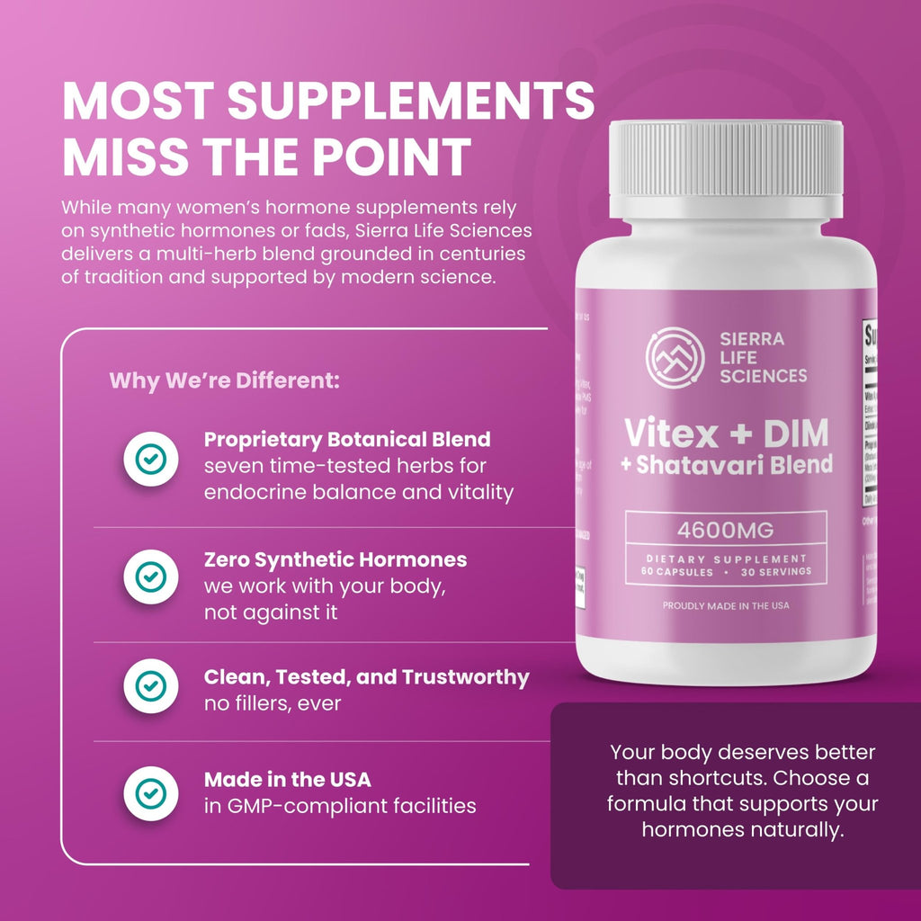 SIERRA LIFE SCIENCES Hormonal Balance Blend for Women – Vitex, DIM, Shatavari + Adaptogenic Support – Menstrual & Menopause Relief – Vegan, Clean-Label Formula – 4600mg – (Pack of 2) - TrustMedUSA