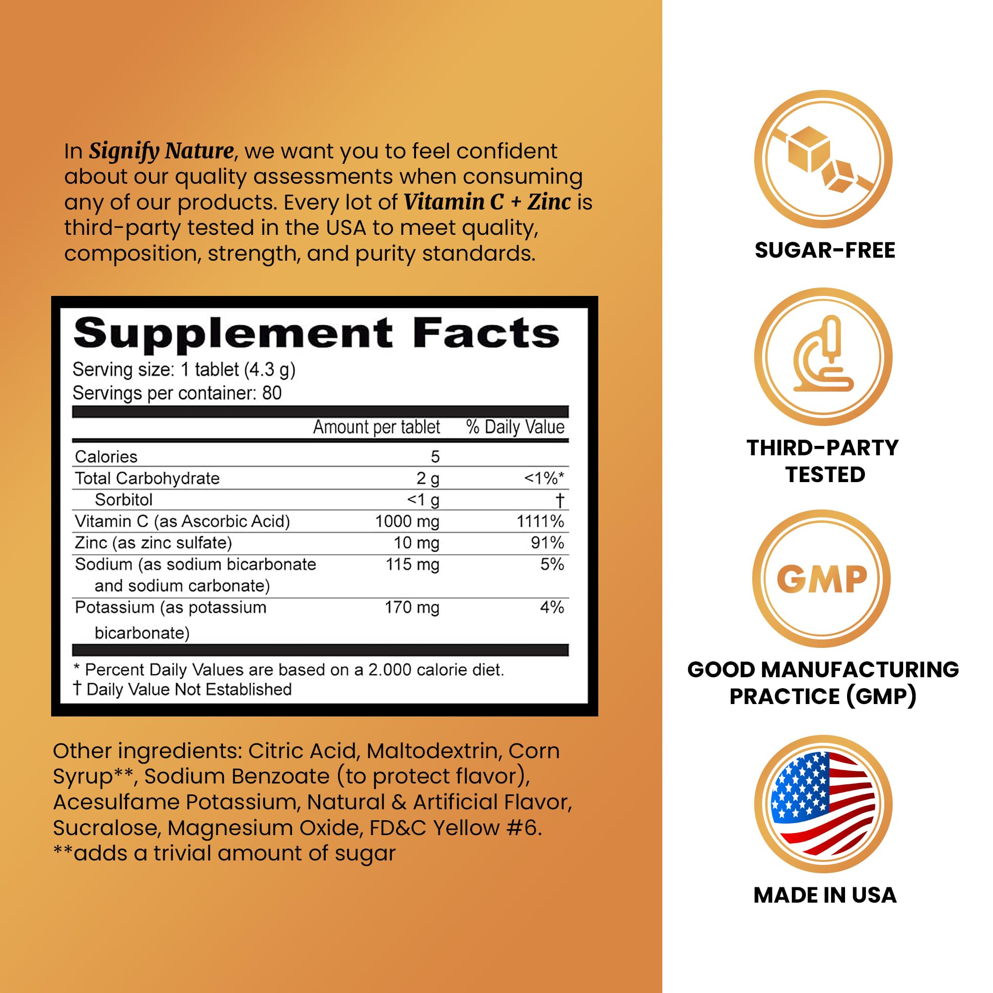 SIGNIFY NATURE Vitamin C 1000mg Effervescent Tablets - Potent Immune Support VIT C with Zinc Supplement - Sugar-Free & Vegan Formula | Dissolvable Vitamin C Tablets - Water Soluble Fizzy Elixir - 80CT - Maple Wellness Supplements