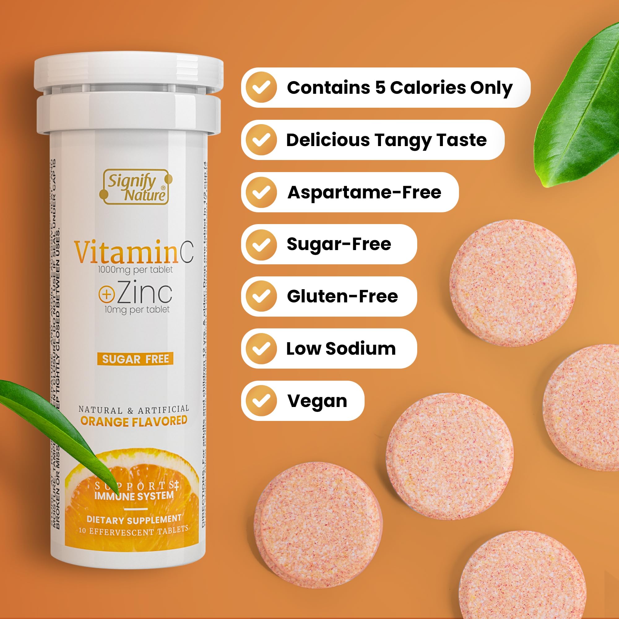 SIGNIFY NATURE Vitamin C 1000mg Effervescent Tablets - Potent Immune Support VIT C with Zinc Supplement - Sugar-Free & Vegan Formula | Dissolvable Vitamin C Tablets - Water Soluble Fizzy Elixir - 80CT - Maple Wellness Supplements