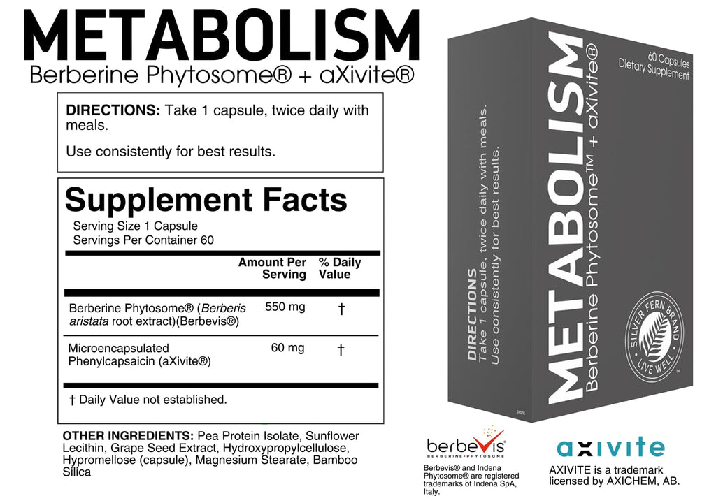 Silver Fern Brand Metabolism Supplement + Berberine Phytosome & aXivite – Supports Function & Wellness – 60 Capsules - TrustMedUSA