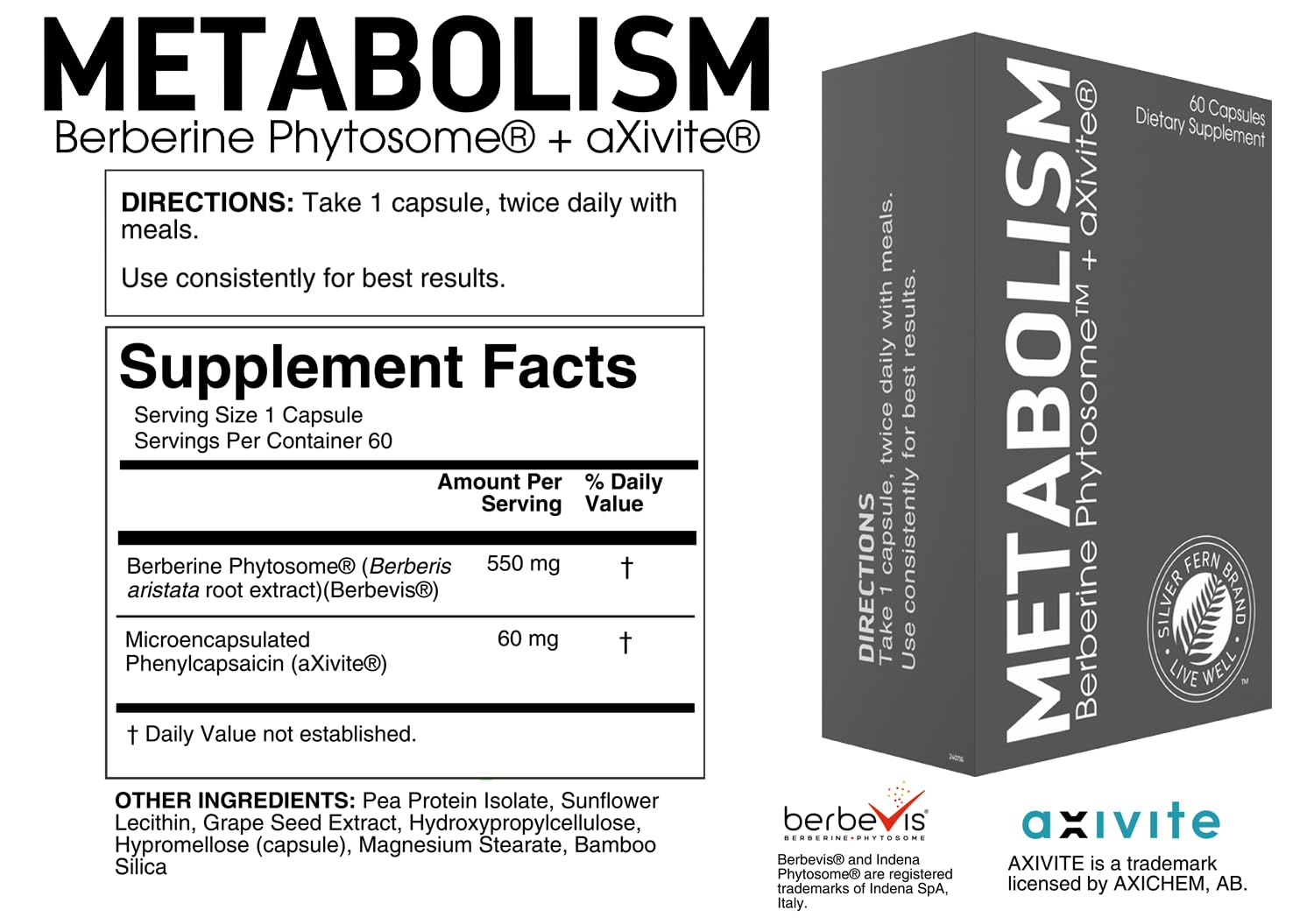 Silver Fern Brand Metabolism Supplement + Berberine Phytosome & aXivite – Supports Function & Wellness – 60 Capsules - TrustMedUSA