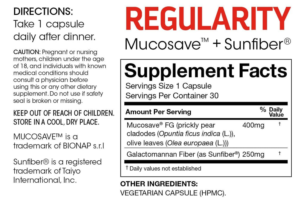 Silver Fern Regularity Digestive Supplement Capsules Brand - 1 Bottle = 30 Capsules = 30 Day Supply - Mucosave FG (Prickly Pear Polysaccharides & Olive Leaf Polyphenols) & SunFiber - TrustMedUSA