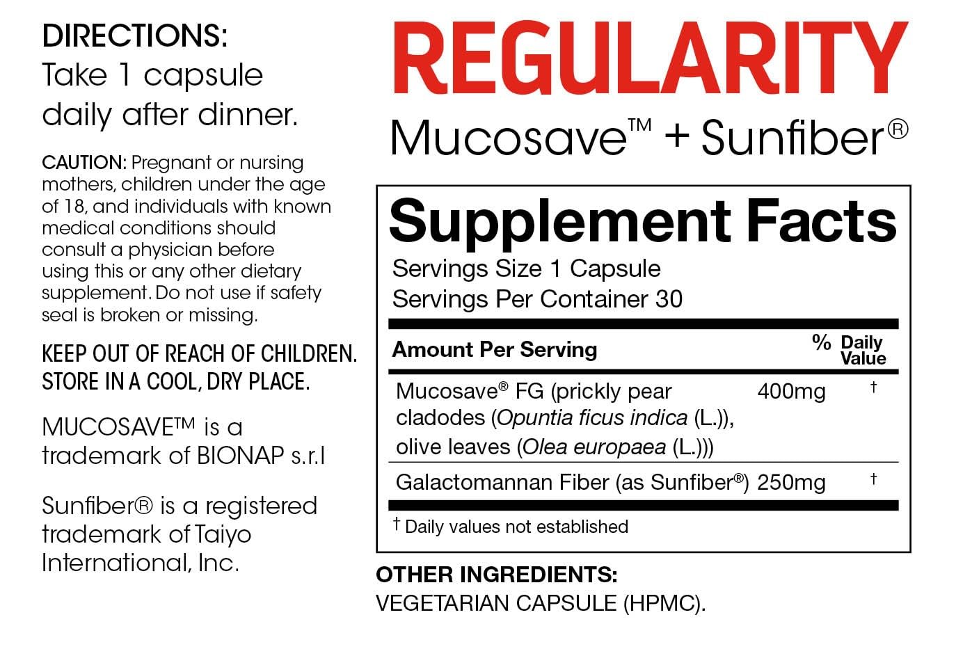 Silver Fern Regularity Digestive Supplement Capsules Brand - 1 Bottle = 30 Capsules = 30 Day Supply - Mucosave FG (Prickly Pear Polysaccharides & Olive Leaf Polyphenols) & SunFiber - TrustMedUSA