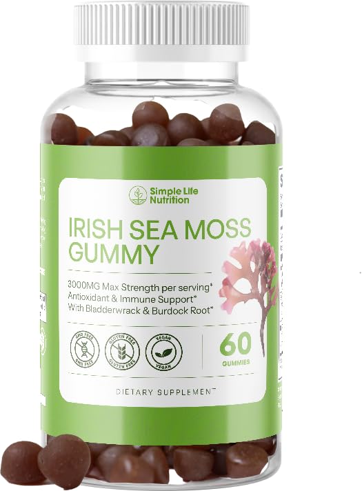 Simple Life Nutrition Organic Irish Sea Moss Gummies - Burdock Root and Bladderwrack Natural Blend - Immune System Gut Cleanse & Thyroid Supplement - Skin and Nail Health - 60CT - TrustMedUSA