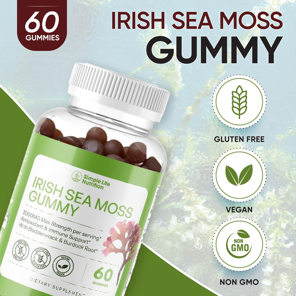 Simple Life Nutrition Organic Irish Sea Moss Gummies - Burdock Root and Bladderwrack Natural Blend - Immune System Gut Cleanse & Thyroid Supplement - Skin and Nail Health - 60CT - TrustMedUSA