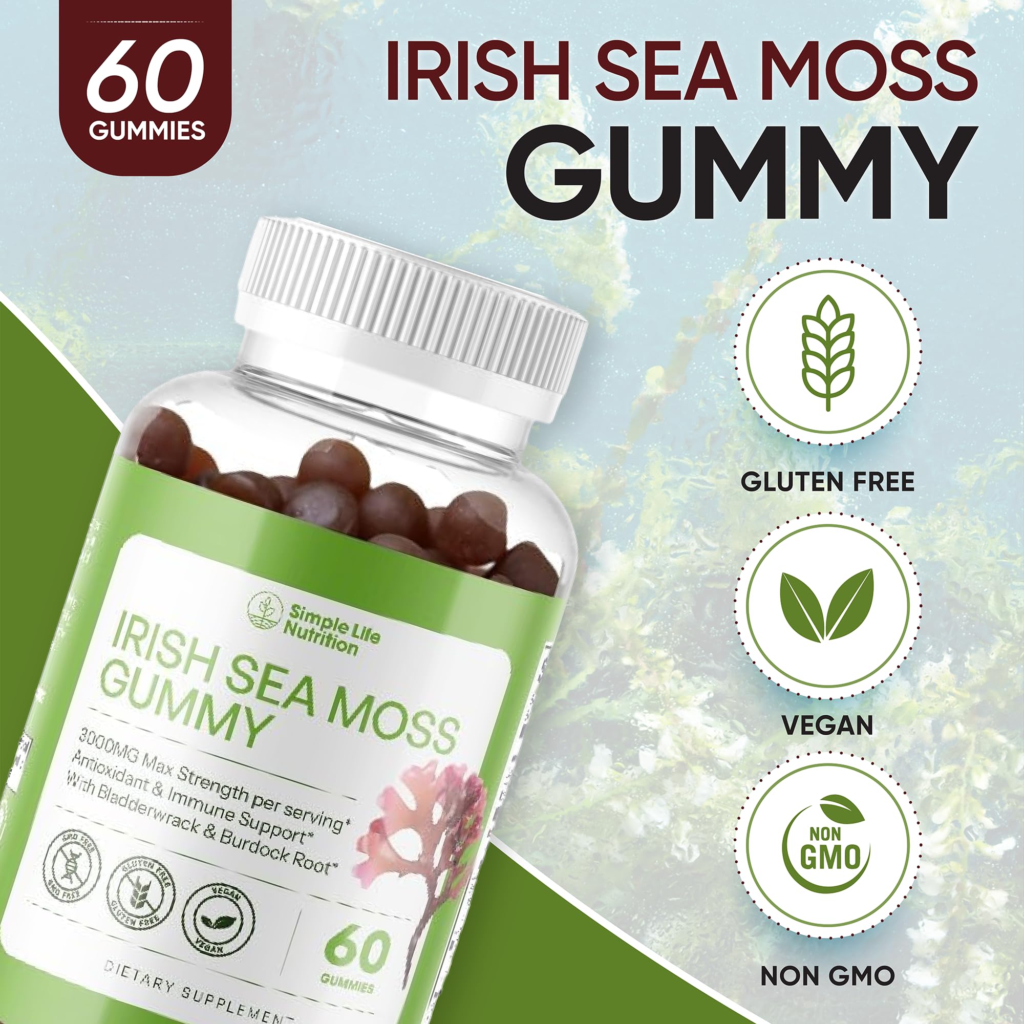Simple Life Nutrition Organic Irish Sea Moss Gummies - Burdock Root and Bladderwrack Natural Blend - Immune System Gut Cleanse & Thyroid Supplement - Skin and Nail Health - 60CT - TrustMedUSA