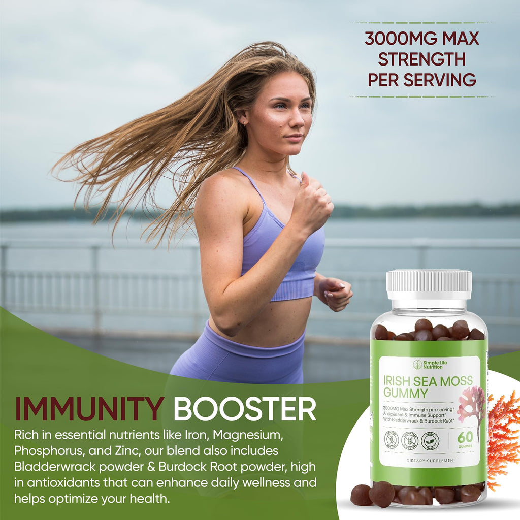 Simple Life Nutrition Organic Irish Sea Moss Gummies - Burdock Root and Bladderwrack Natural Blend - Immune System Gut Cleanse & Thyroid Supplement - Skin and Nail Health - 60CT - TrustMedUSA