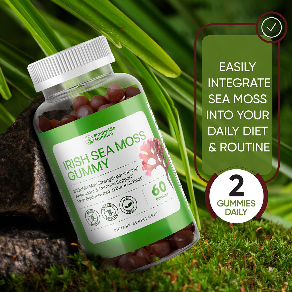 Simple Life Nutrition Organic Irish Sea Moss Gummies - Burdock Root and Bladderwrack Natural Blend - Immune System Gut Cleanse & Thyroid Supplement - Skin and Nail Health - 60CT - TrustMedUSA