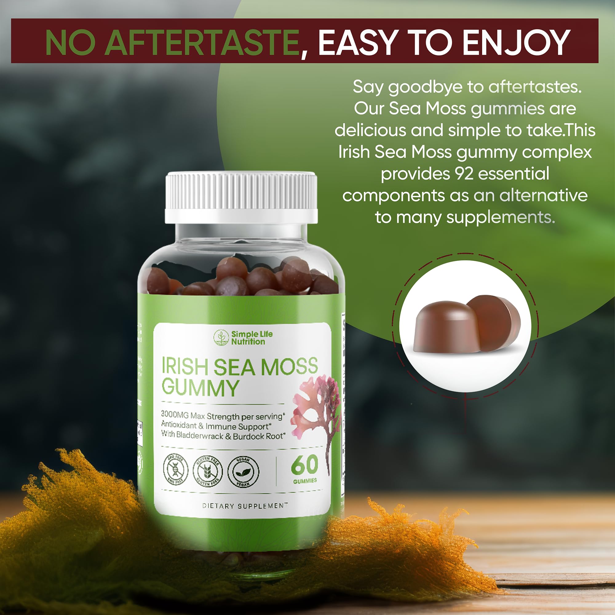 Simple Life Nutrition Organic Irish Sea Moss Gummies - Burdock Root and Bladderwrack Natural Blend - Immune System Gut Cleanse & Thyroid Supplement - Skin and Nail Health - 60CT - TrustMedUSA