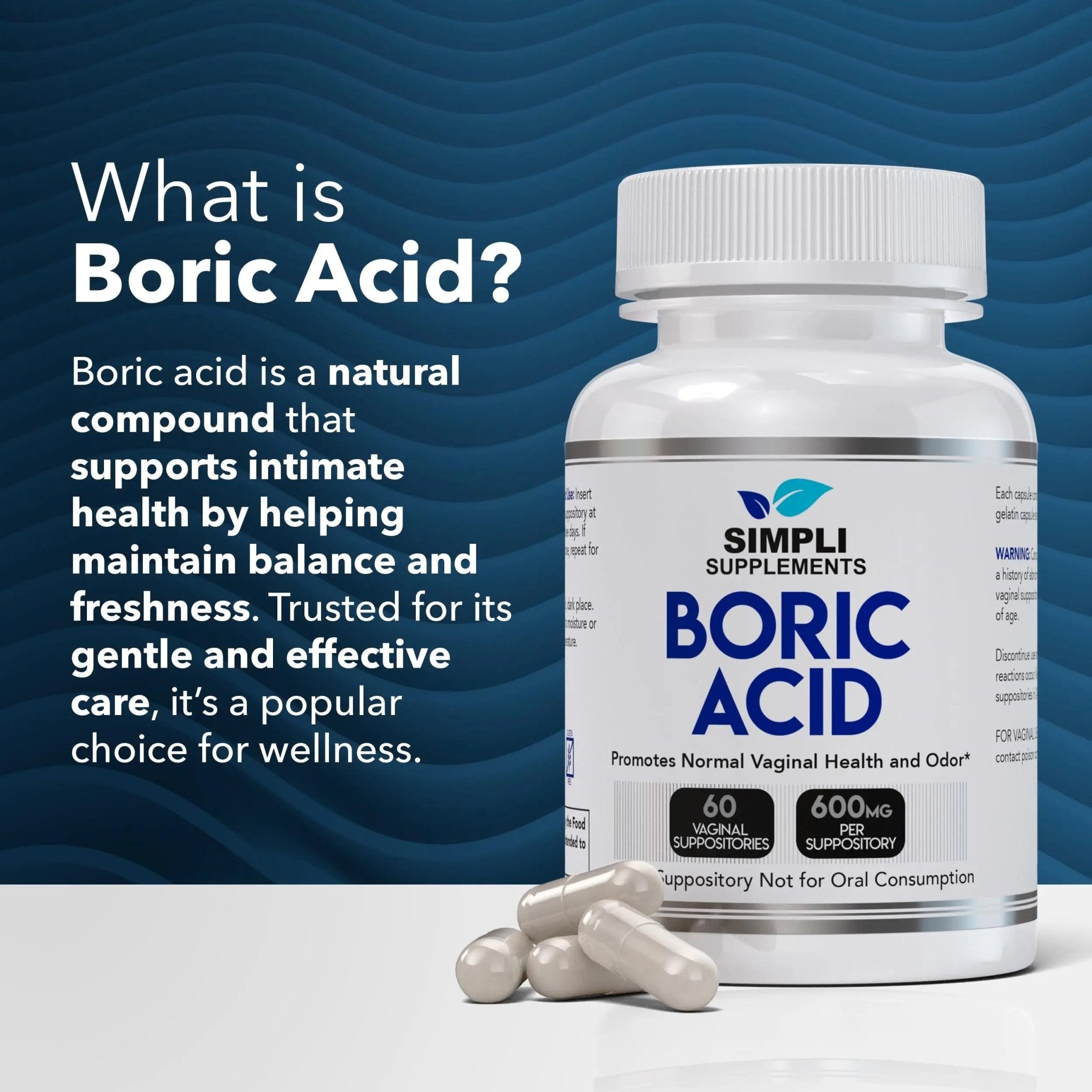 Simpli Supplements Boric Acid Suppositories for Women 600mg – 60 Count | Vaginal pH Balance Support | Feminine Care | Helps Maintain Freshness & Odor Control - TrustMedUSA