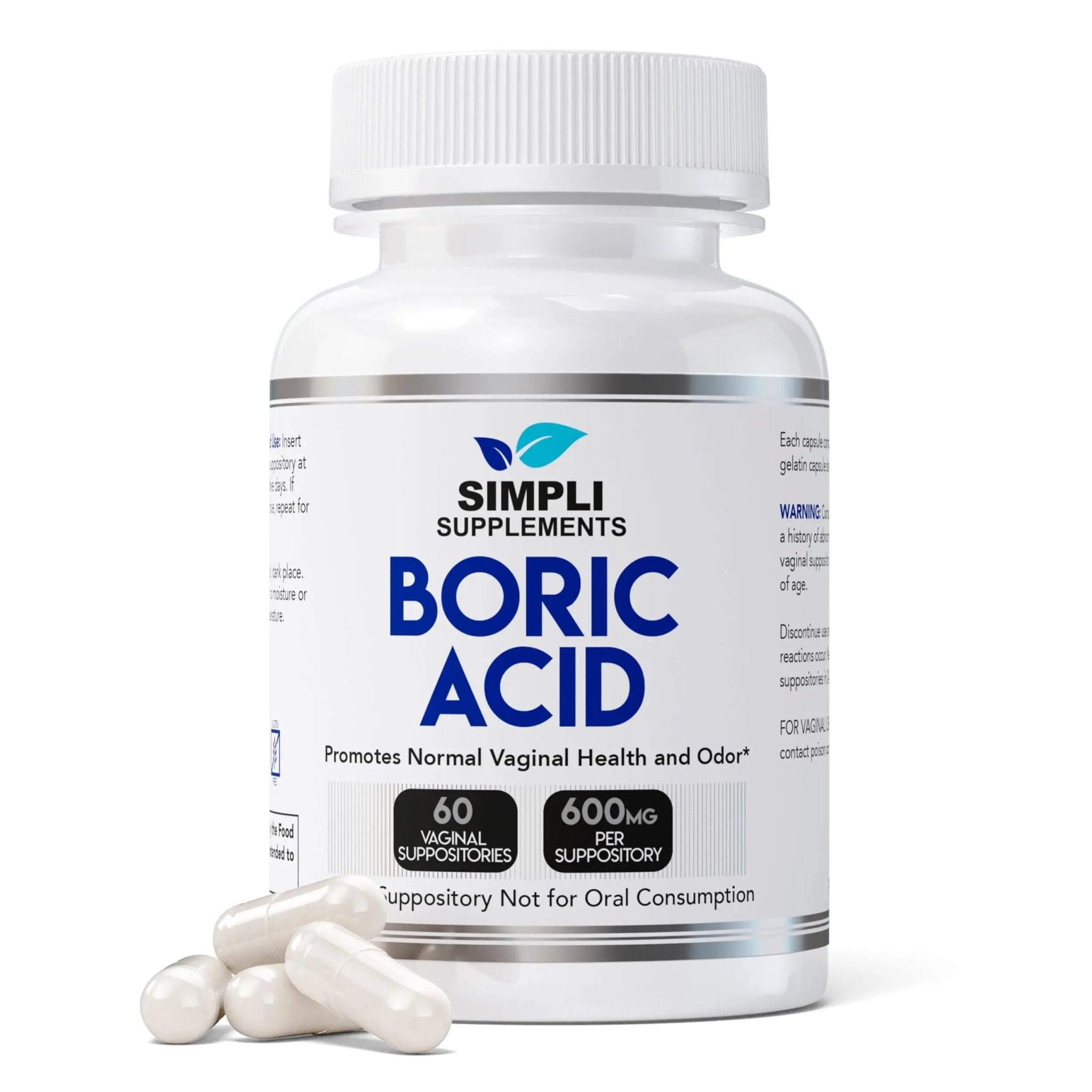 Simpli Supplements Boric Acid Suppositories for Women 600mg – 60 Count | Vaginal pH Balance Support | Feminine Care | Helps Maintain Freshness & Odor Control - TrustMedUSA