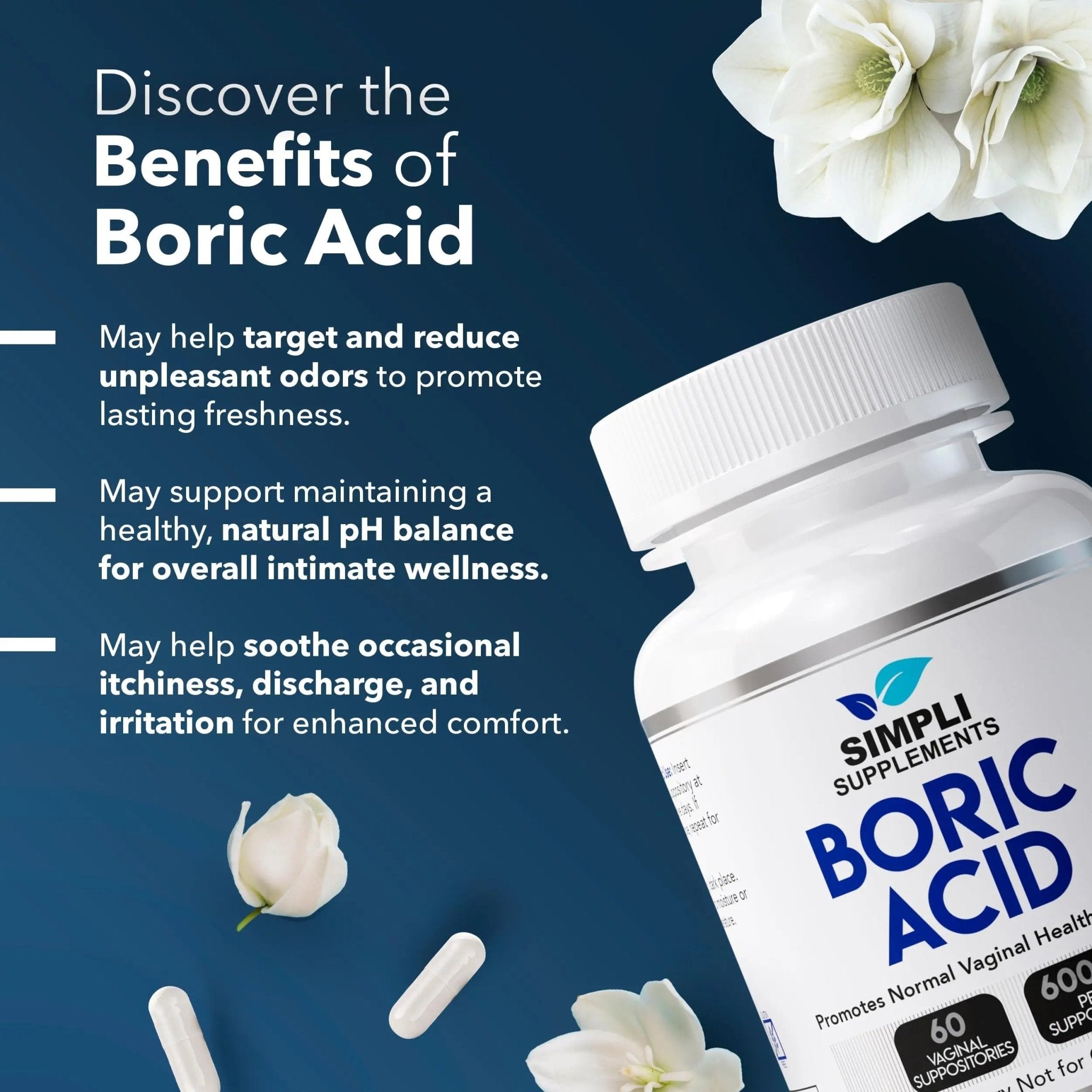 Simpli Supplements Boric Acid Suppositories for Women 600mg – 60 Count | Vaginal pH Balance Support | Feminine Care | Helps Maintain Freshness & Odor Control - TrustMedUSA