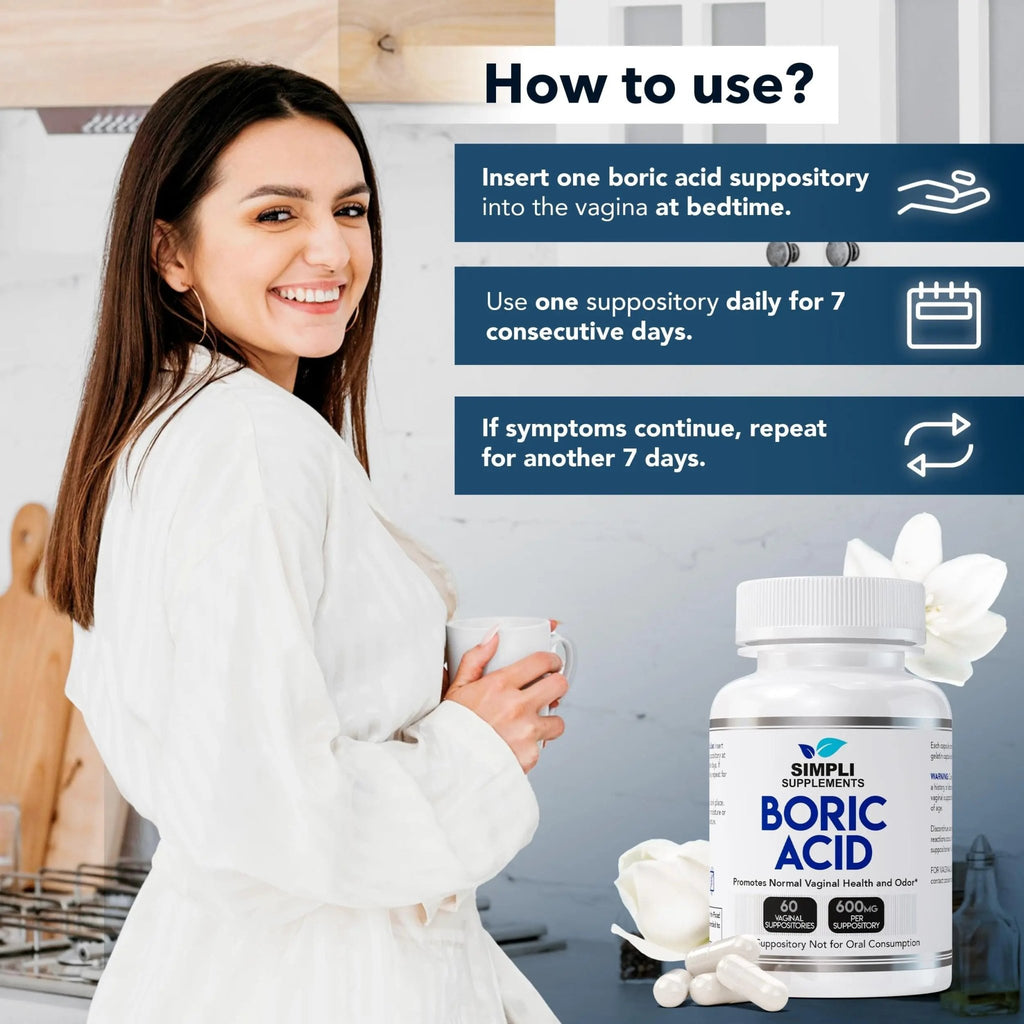Simpli Supplements Boric Acid Suppositories for Women 600mg – 60 Count | Vaginal pH Balance Support | Feminine Care | Helps Maintain Freshness & Odor Control - TrustMedUSA