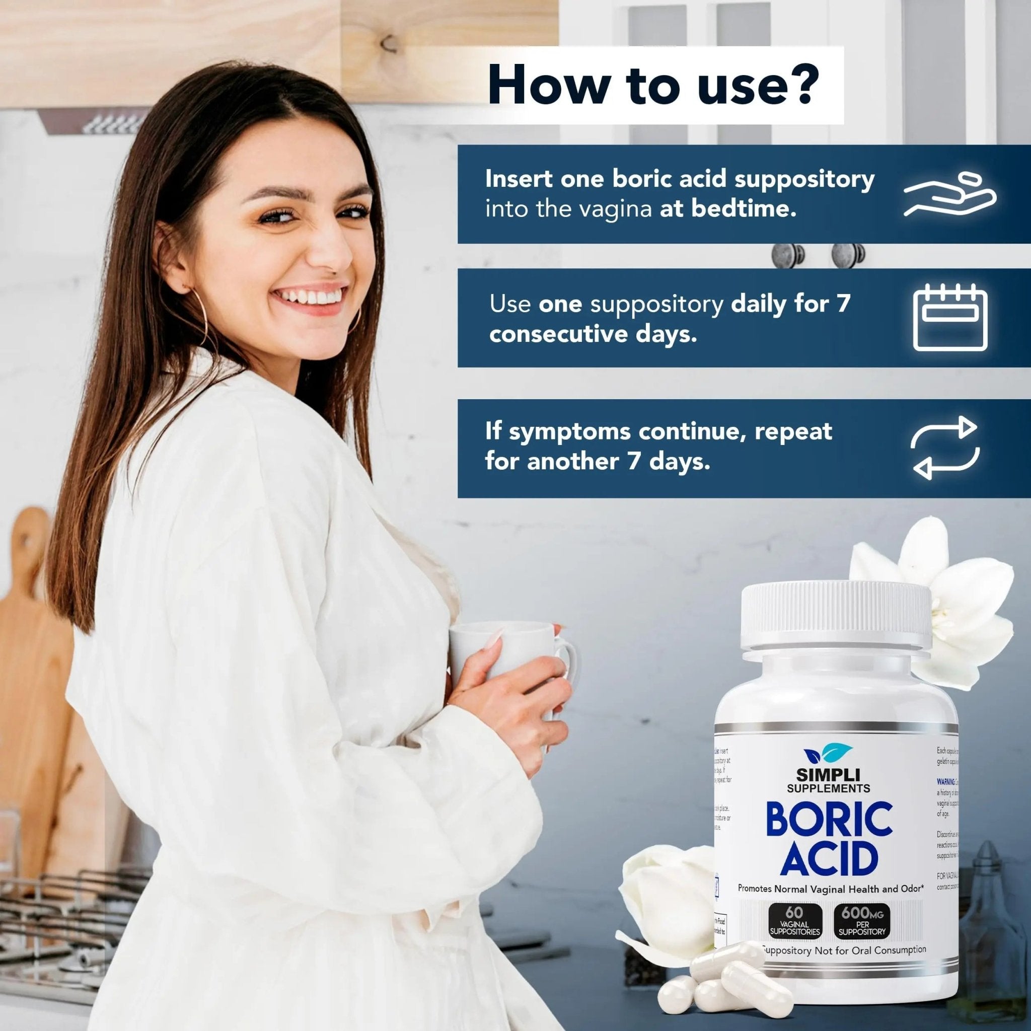 Simpli Supplements Boric Acid Suppositories for Women 600mg – 60 Count | Vaginal pH Balance Support | Feminine Care | Helps Maintain Freshness & Odor Control - TrustMedUSA
