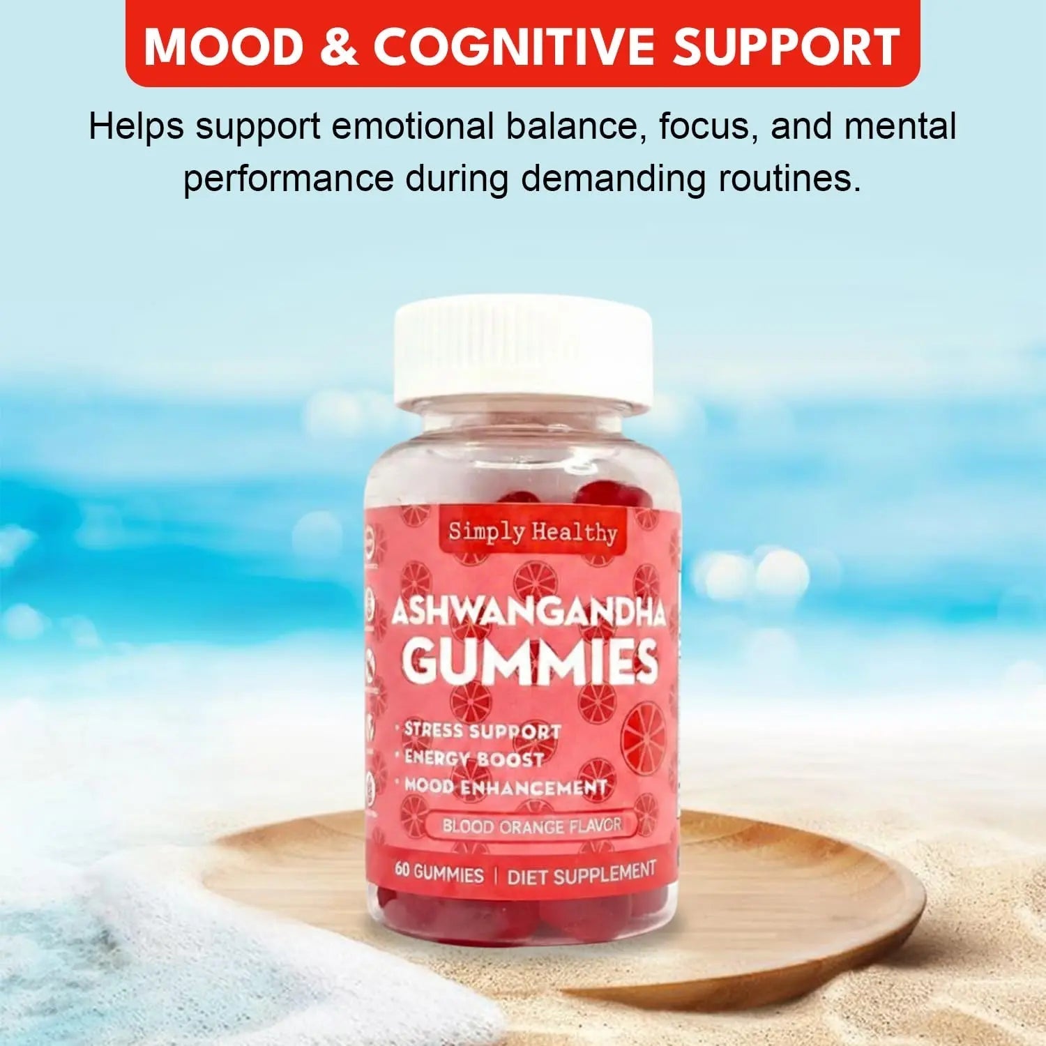 Simply Healthy Premium Ashwagandha Gummies, Stress Support with Blood Orange Flavor, Vegan, Easy to Chew, Daily Aid, Energy Booster, Mood Enhancer, for Both Men and Women, 60 Gummies - TrustMedUSA