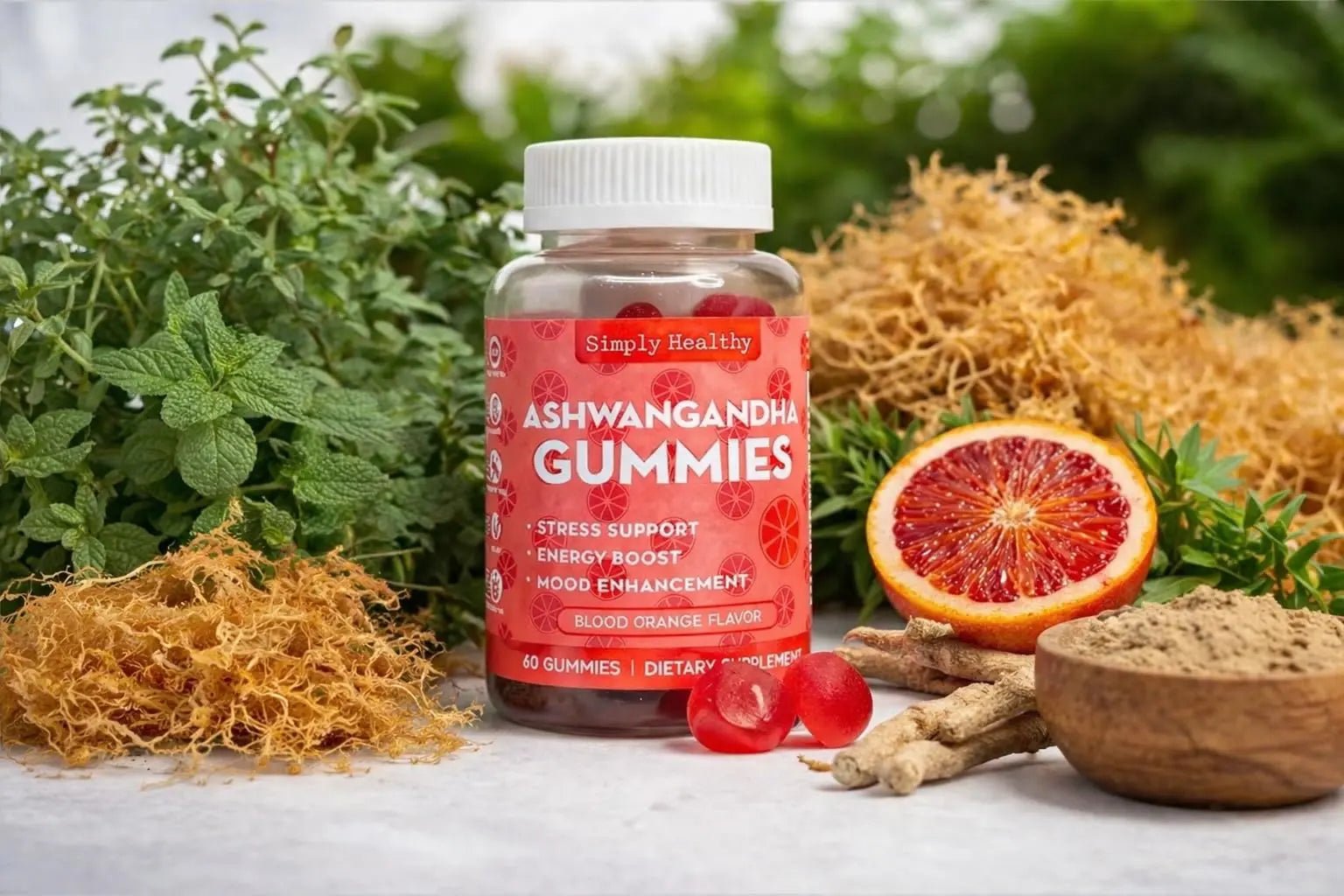 Simply Healthy Premium Ashwagandha Gummies, Stress Support with Blood Orange Flavor, Vegan, Easy to Chew, Daily Aid, Energy Booster, Mood Enhancer, for Both Men and Women, 60 Gummies - TrustMedUSA