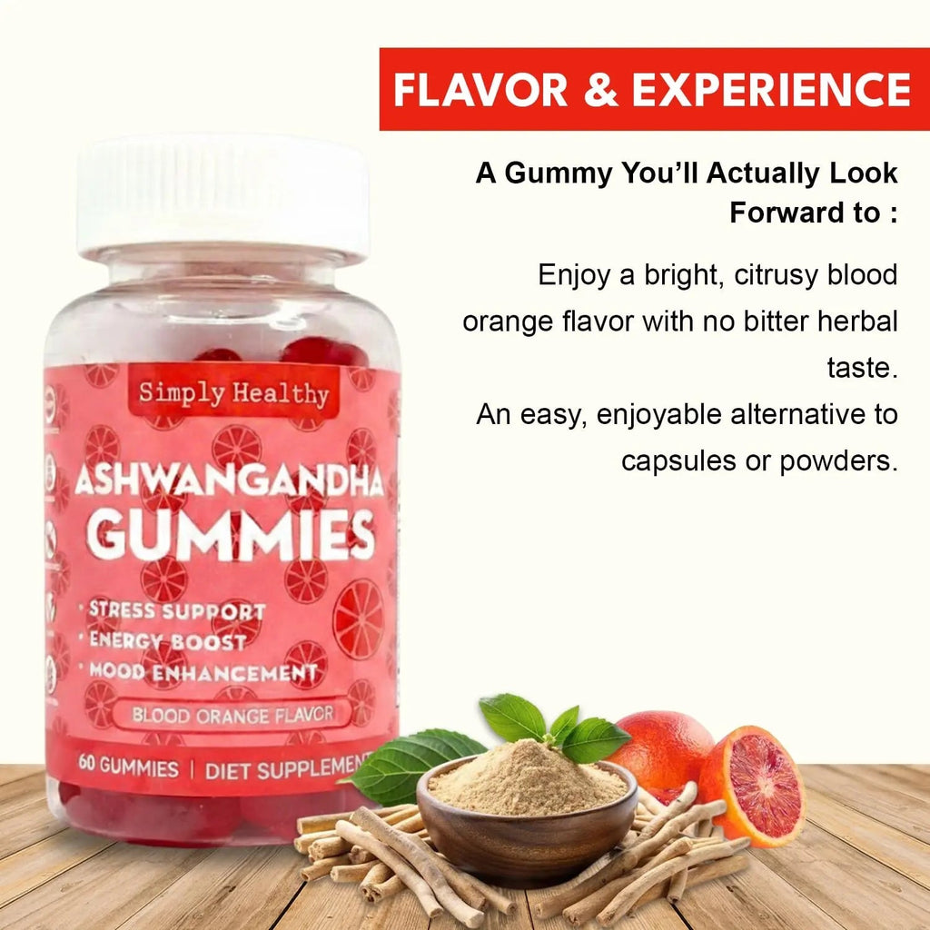 Simply Healthy Premium Ashwagandha Gummies, Stress Support with Blood Orange Flavor, Vegan, Easy to Chew, Daily Aid, Energy Booster, Mood Enhancer, for Both Men and Women, 60 Gummies - TrustMedUSA