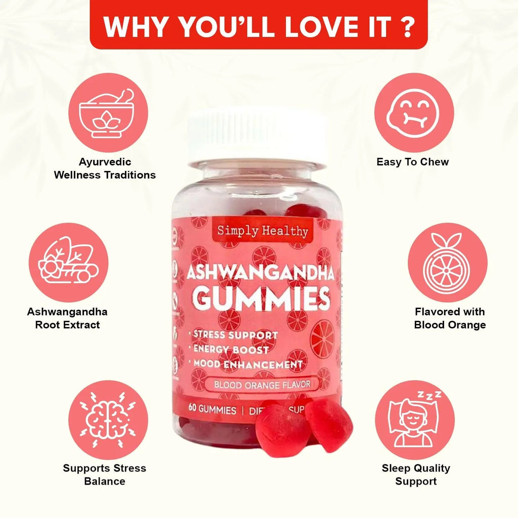 Simply Healthy Premium Ashwagandha Gummies, Stress Support with Blood Orange Flavor, Vegan, Easy to Chew, Daily Aid, Energy Booster, Mood Enhancer, for Both Men and Women, 60 Gummies - TrustMedUSA
