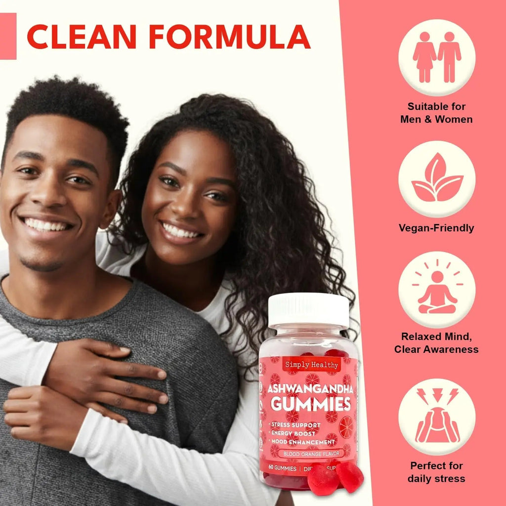 Simply Healthy Premium Ashwagandha Gummies, Stress Support with Blood Orange Flavor, Vegan, Easy to Chew, Daily Aid, Energy Booster, Mood Enhancer, for Both Men and Women, 60 Gummies - TrustMedUSA