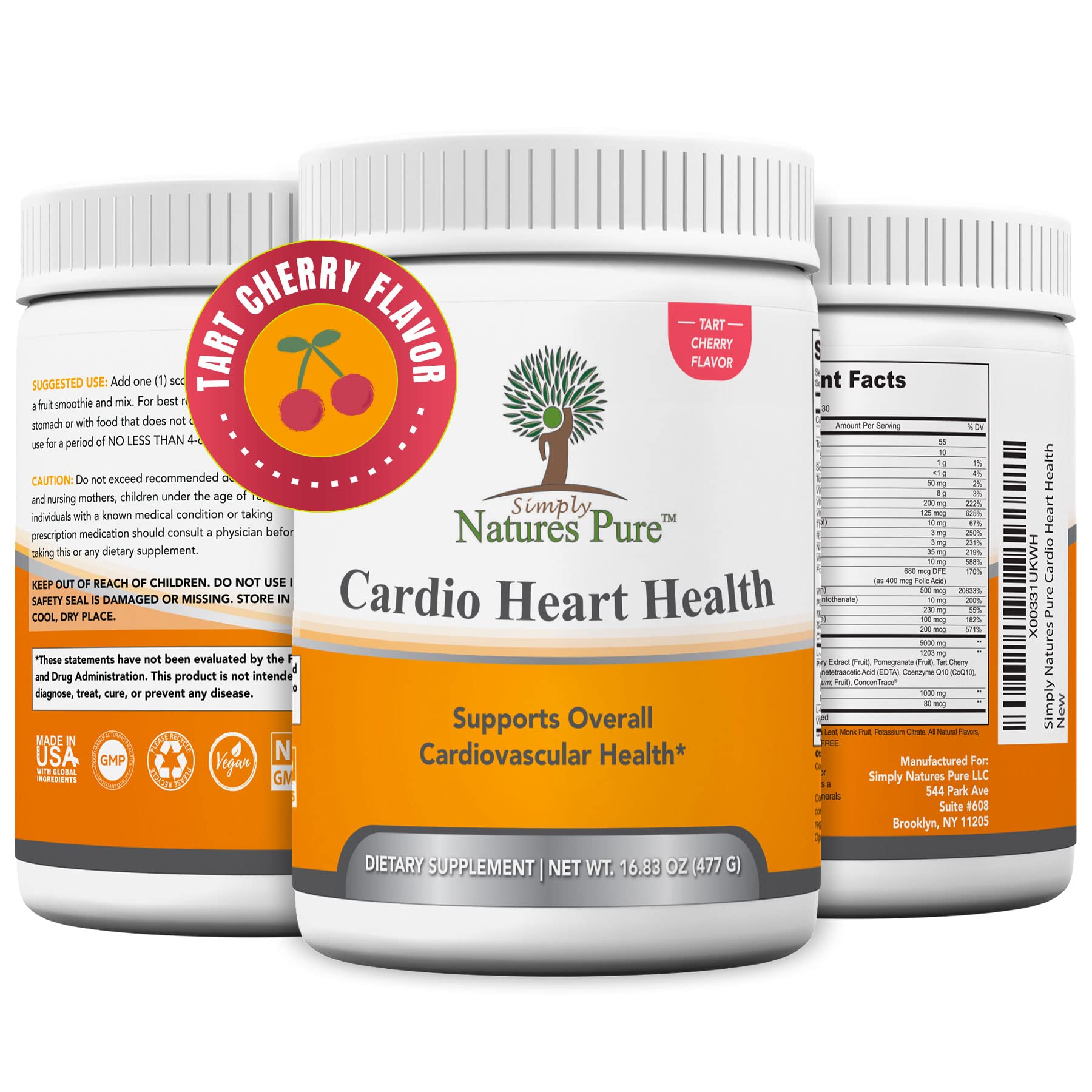 Simply Natures Pure - Cardio Heart Health Nitric Oxide Booster Support Supplement Powder with L-Arginine 5000 mg, L-Citrulline 1000 mg and Hawthorne Berry, 16.82 Ounces - Tart Cherry Flavor - TrustMedUSA