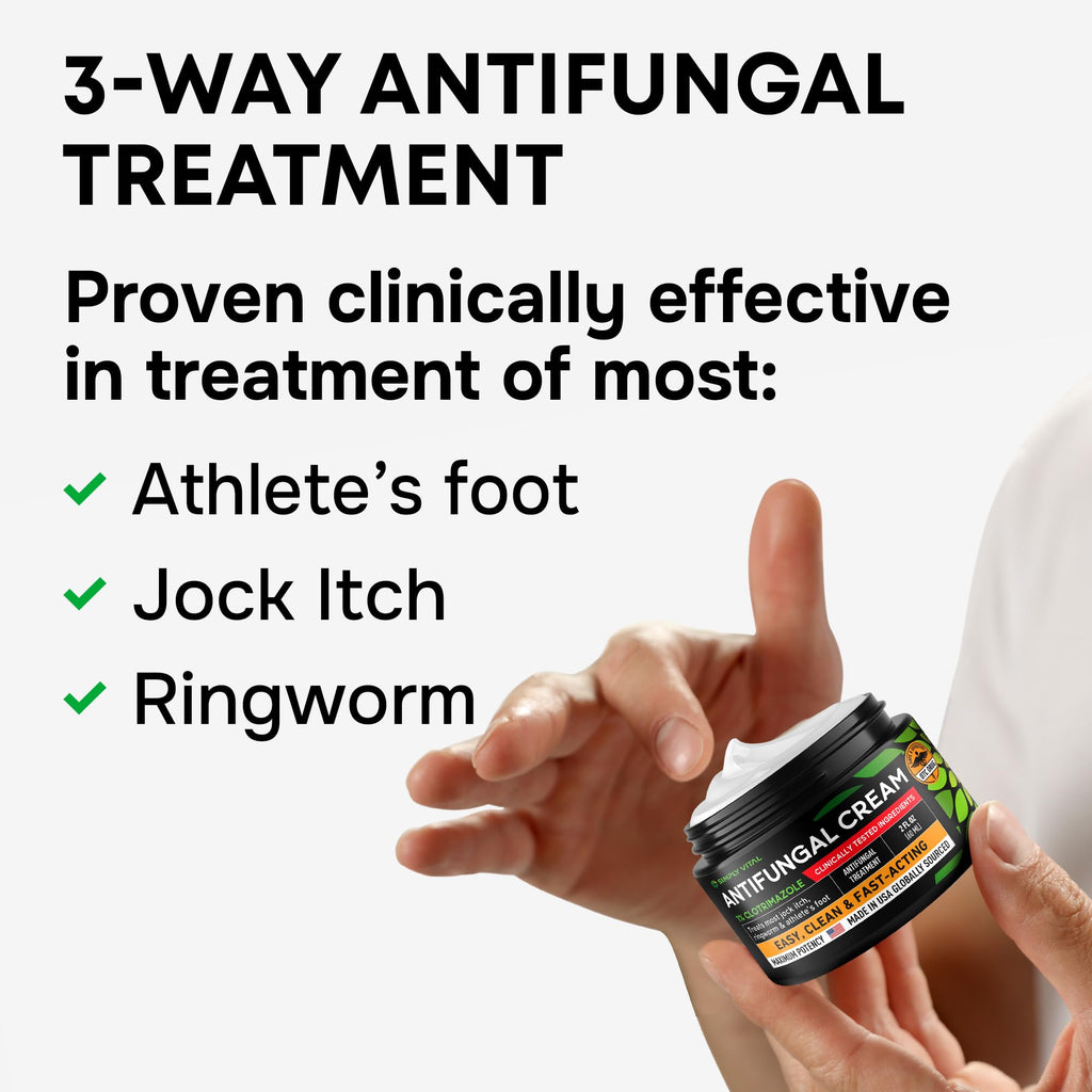 SimplyVital Clotrimazole Antifungal Cream - Treats Most Athlete’s Foot, Jock Itch, Ringworm, Clotrimazole 1% Anti Fungal Cream for Skin, Athletes Foot Treatment, Ring Worm Medication for Humans, 2 oz - Maple Wellness Supplements