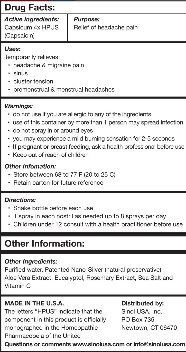 Sinol Headache Relief Spray, Over-The-Counter Medication Nose Spray for Migraine Cluster Tension, Sinus Relief & Nasal Decongestants, 15 ml - TrustMedUSA