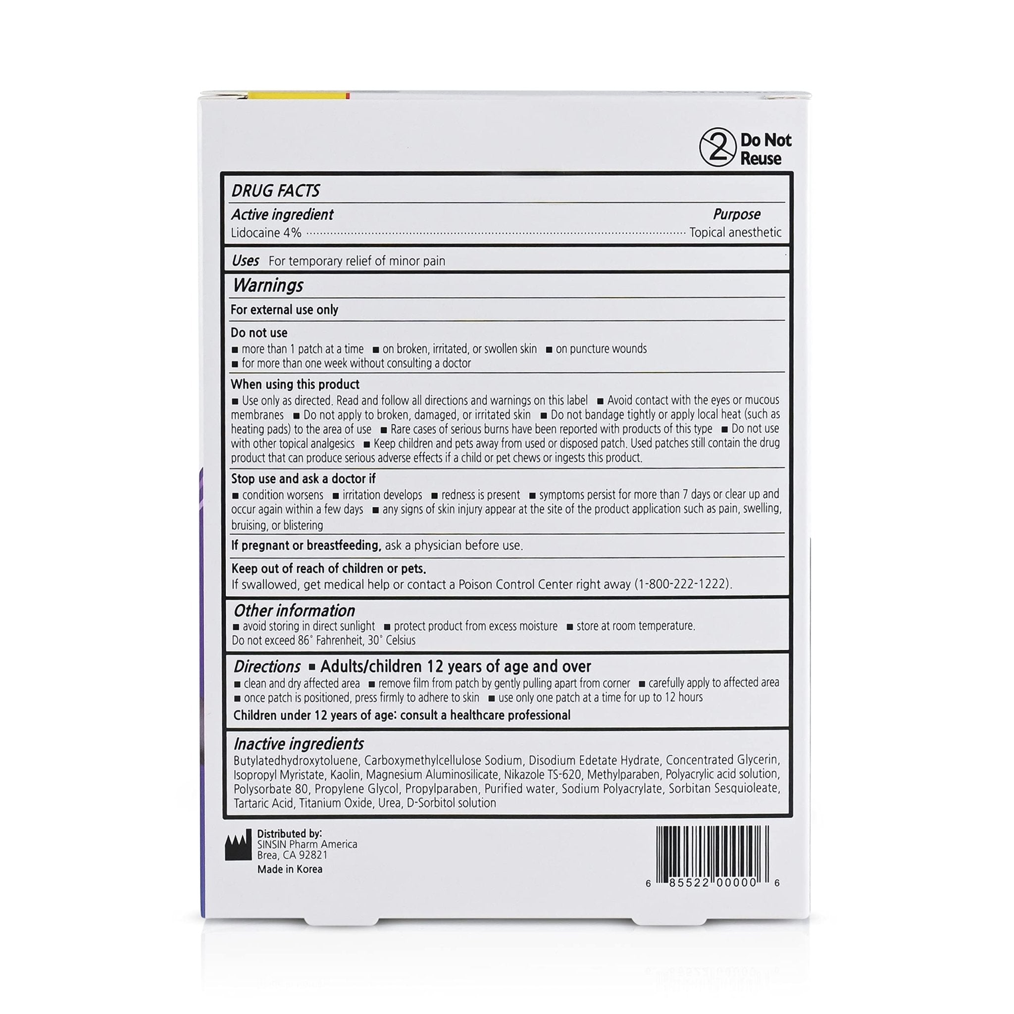 SINSINPAS Lidocaine 4% Pain Relieving Patch (1 Pack (5 Patches Total)) - TrustMedUSA