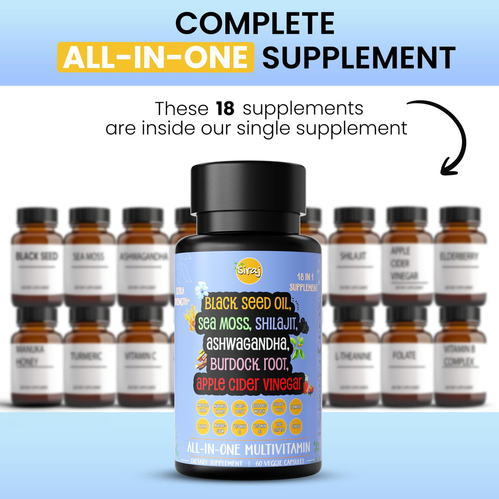 Siraj 18-in-1 Superfood Multivitamin - Irish Sea Moss, Black Seed Oil, Shilajit, Ashwagandha, 5% Thymoquinone, Burdock Root, Nootropic Supplement for Immunity, Focus, Energy and Mood - 60 Capsules - TrustMedUSA